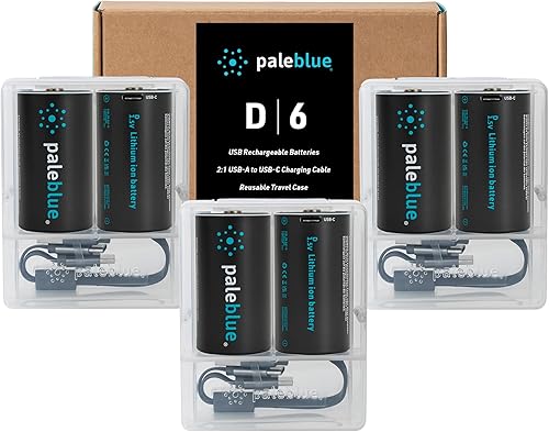 Pale Blue - Baterías recargables D con cargador USB, iones de litio de 1.5 V 5000 mAh, se cargan menos de 7 horas, más de 1000 ciclos, cable de