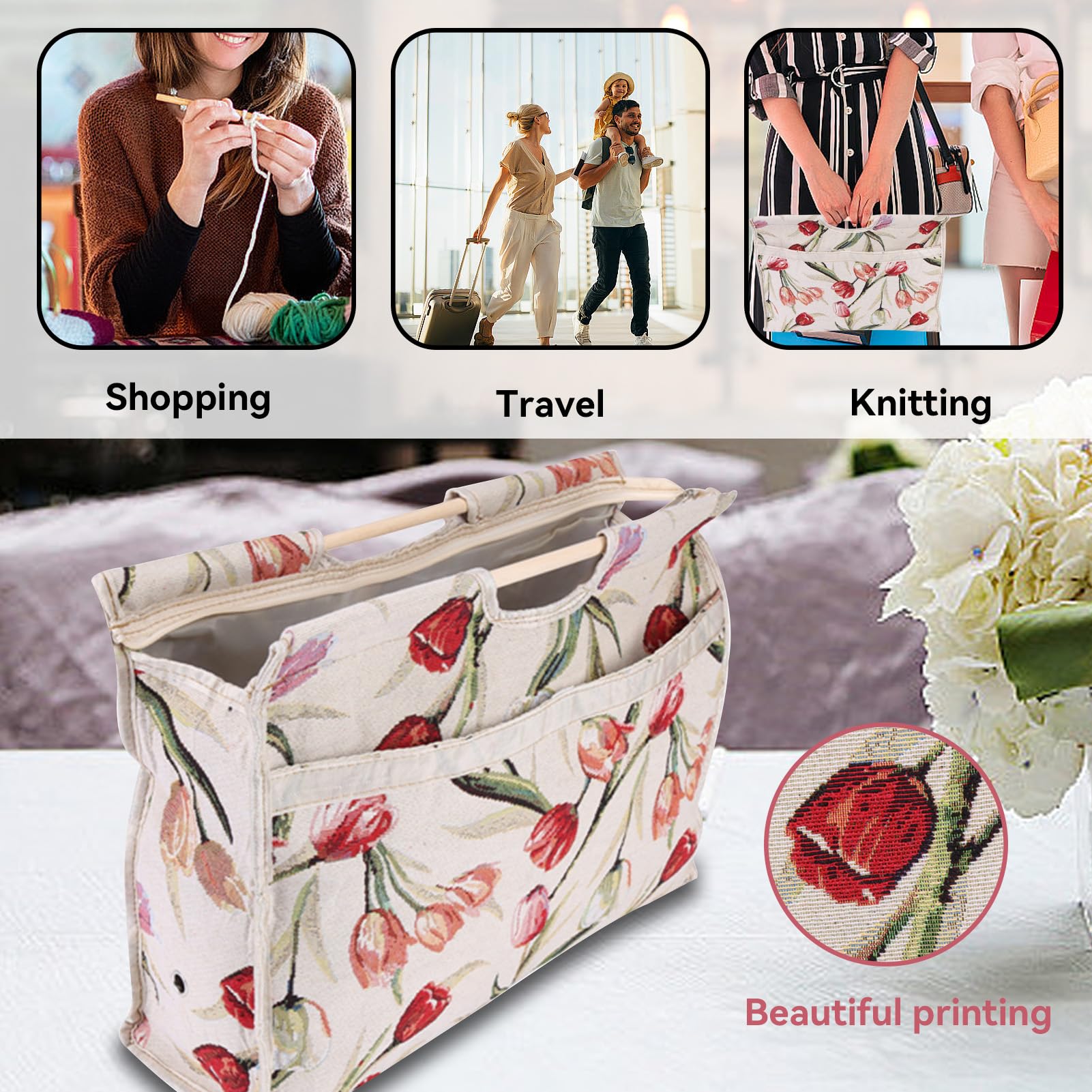 Sac De Rangement Tricot Élégant Avec Poignée En Bois – Organisateur Pratique Pour Aiguilles, Fils Et Accessoires Couture (Motif Rose)