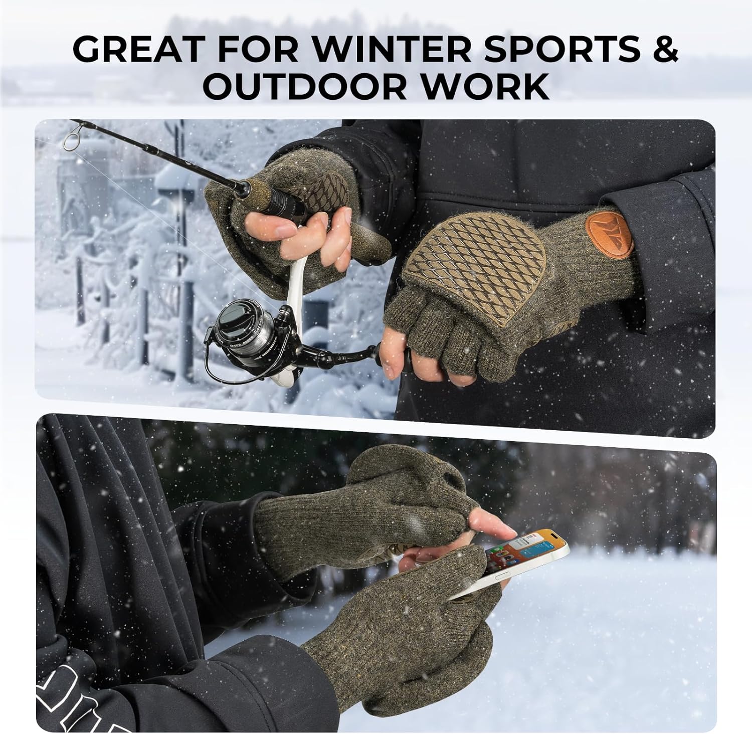 KastKing Bully Wooly Convertible Mittens – Premium Wool Fingerless Fishing Gloves with Magnetic Flip-Top, Fleece Lining, Non-Slip Grip, Extra-Long Cuff, 4-Way Stretch, Cold Weather Winter Gear - Image 7