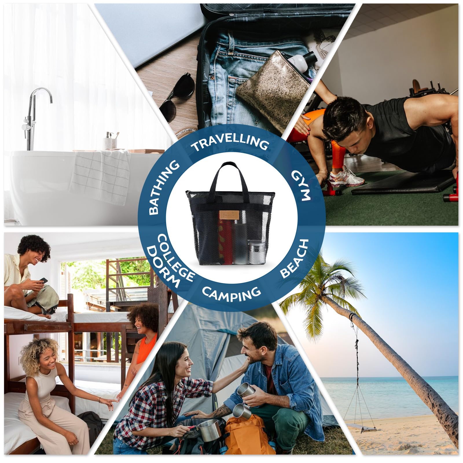 Molain Bolsa de ducha de malla, bolsa de playa portátil de gran capacidad, organizador de baño, bolsa de ducha de viaje para viajes, gimnasio, natación, playa