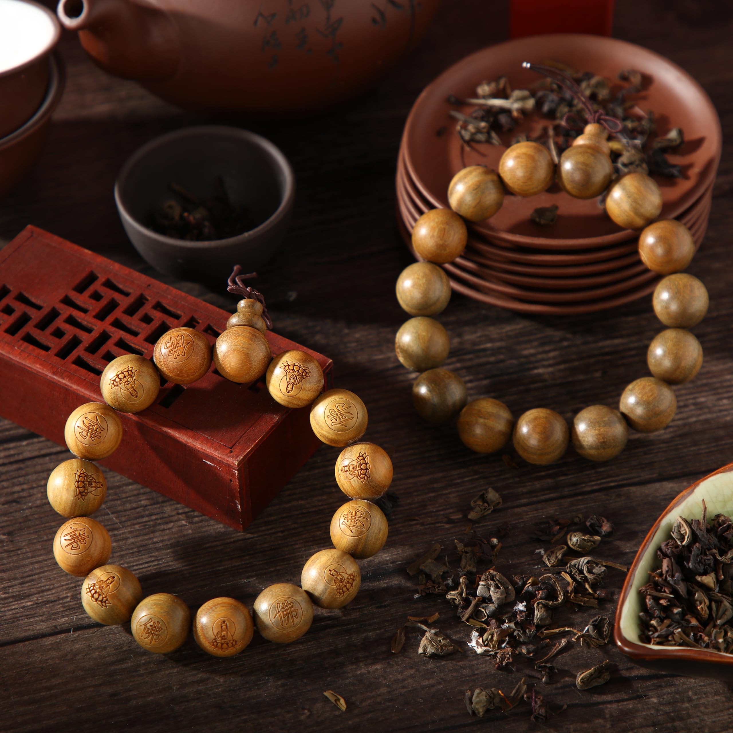 2 pulseras de cuentas de sándalo verde budista tibetano de 0.59 pulgadas (0.591 in) perfumadas con eslabones de sándalo, muñeca ajustable de madera, cuentas de oración para hombres y mujeres 3