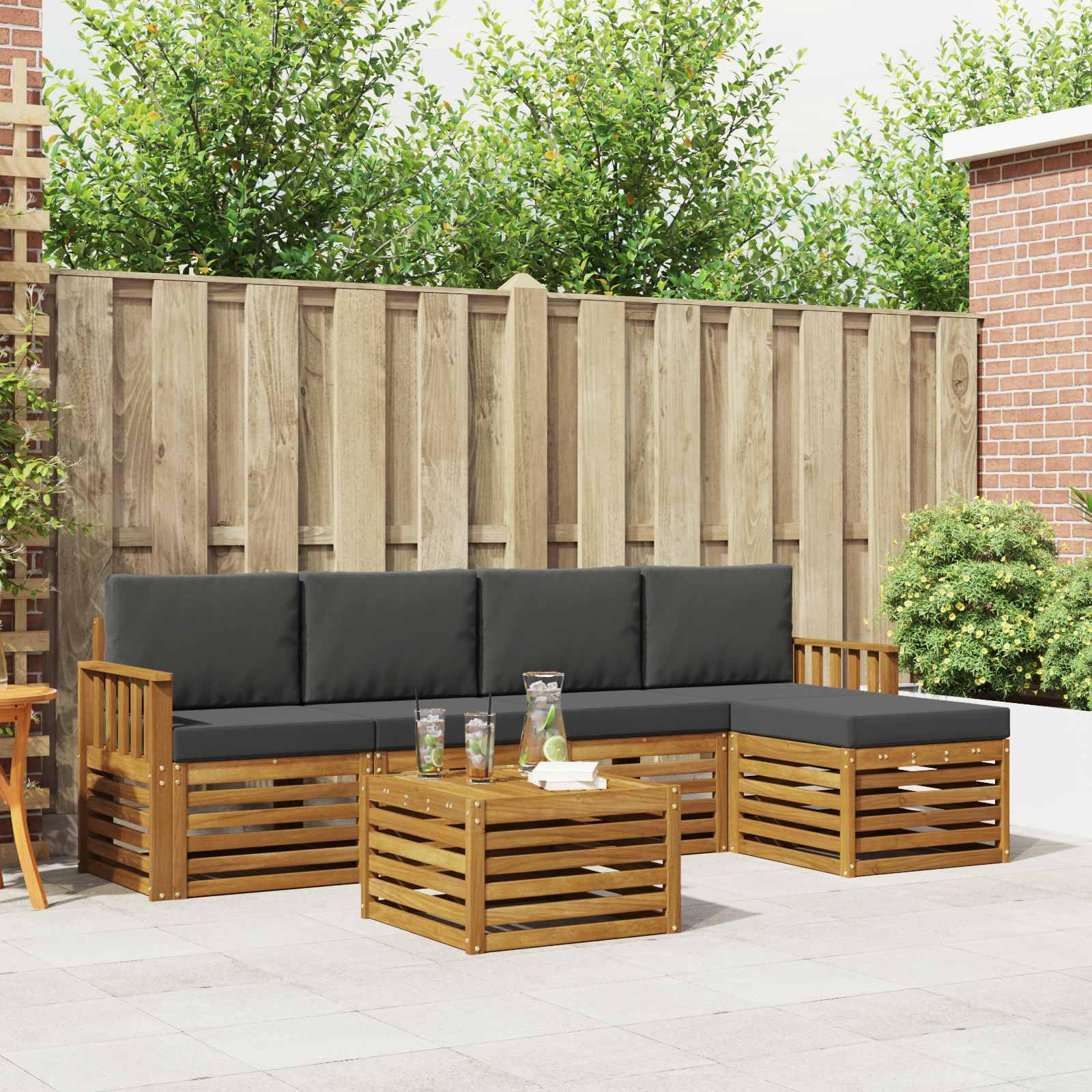 Zestaw wypoczynkowy z poduszkami, 6 sztuk, wykonany z litego drewna akacjowego, odporny na warunki atmosferyczne, do ogrodu, na taras, balkon, nowoczesny design, trwały i łatwy w pielęgnacji