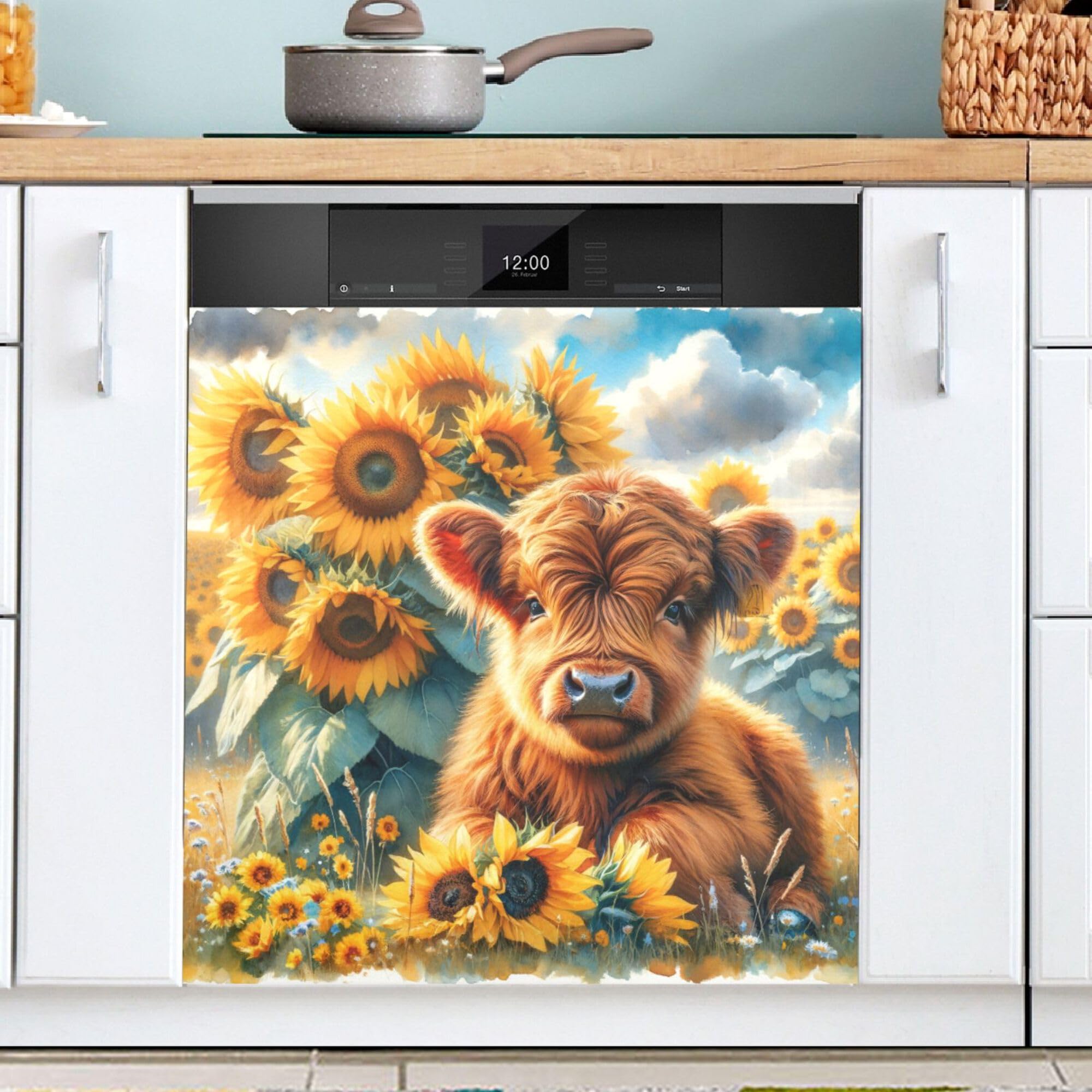 Exnundod Magnet Dishwasher Cover Cute Baby Highland Cow Dishwasher Magnetic Cover for Front Door Spring Sunflowers Refrigerator Magnet Cover Decor 23x26 Inch