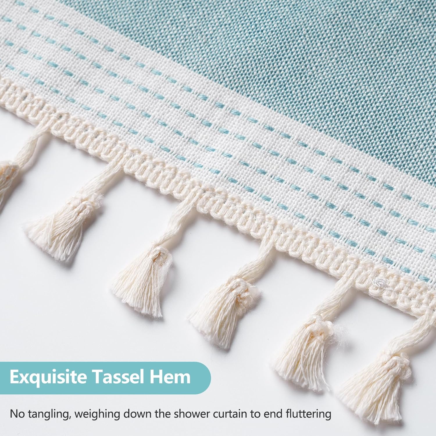 Seenus Boho Chic Thick Teal Shower Curtain with Tassels, 350GSM Cotton Linen Soft Fabric Shower Curtain Aqua Green, 72 x 72 Inch Heavyweight Elegant Farmhouse Bathroom Decor Curtain French Country