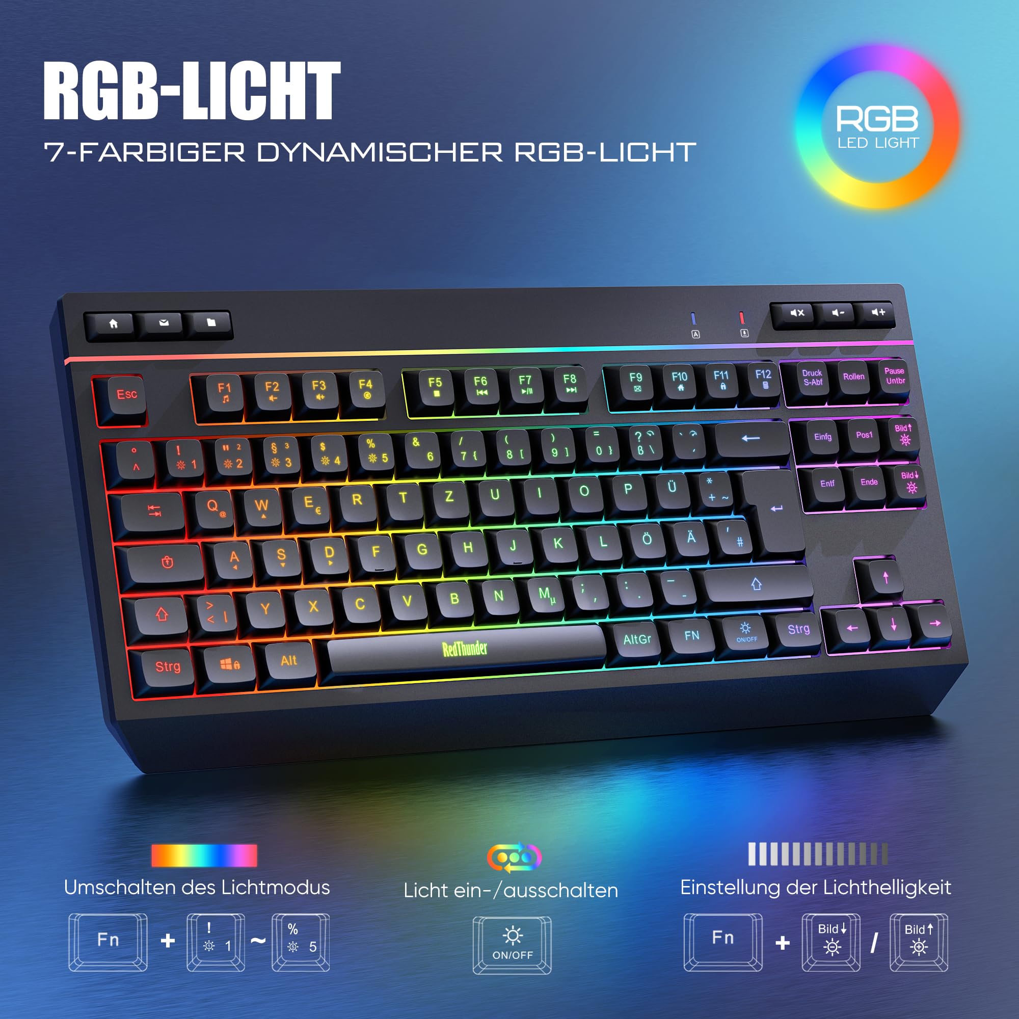 RedThunder 75% Kabelloses Tastatur und Maus Set, QWERTZ 94 Tasten TKL Layout, RGB, Wiederaufladbar Funktastatur mit Multimedia Funktionstasten, 7D Optische Maus für PC Xbox PS5, Büro (Schwarz)