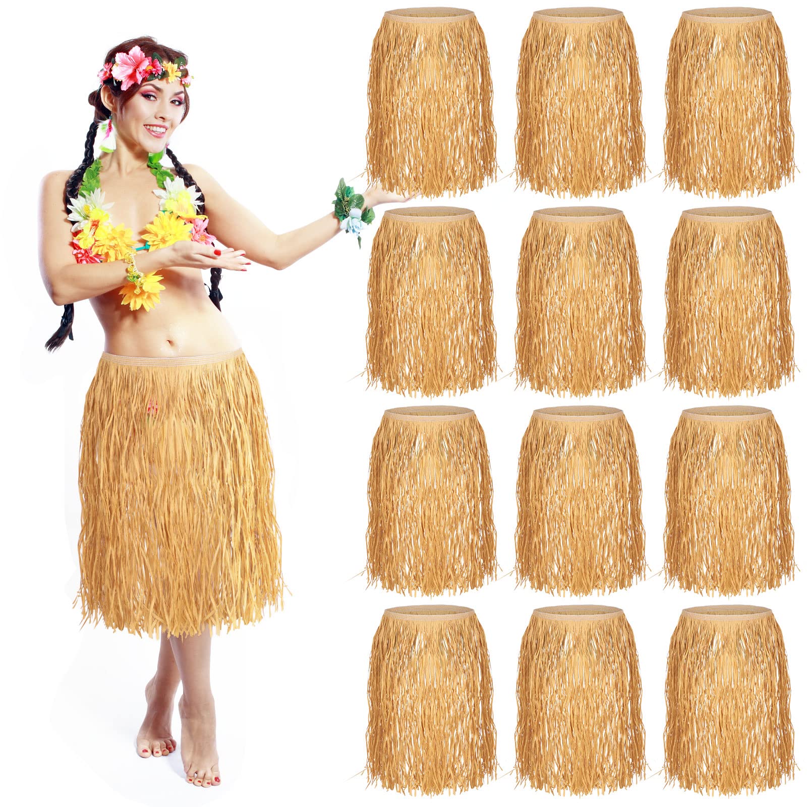 Berlune12 Pcs Bulk Raffia Hula Skirts for Adults Hawaiian Grass Skirts Hawaiian Luau Tropical Theme Party Costume Accessory