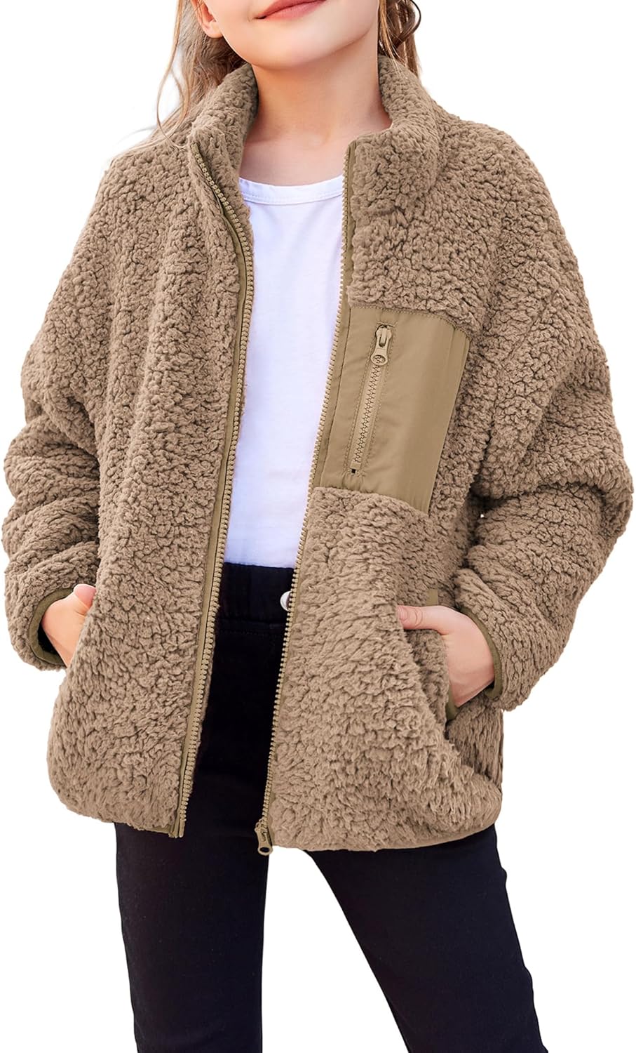 Arshiner Girls Fleece Jacket Sherpa Fall Winter Full Zip Fuzzy Coat Outwear with Pockets