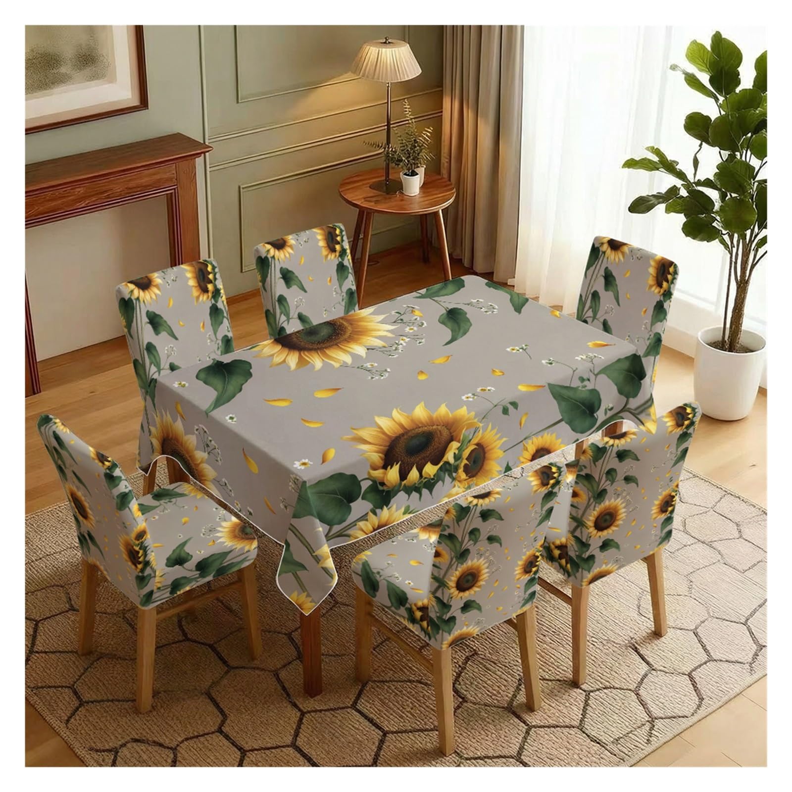 BOSUYBN Grey Base Sunflower Botanical Dining Tablecloth & Chair Covers Set, 5/7 Piece Rustic Country Farmhouse Spring Dining Decor Table Setting(7pcs Set: Tablecloth+Chair Covers)