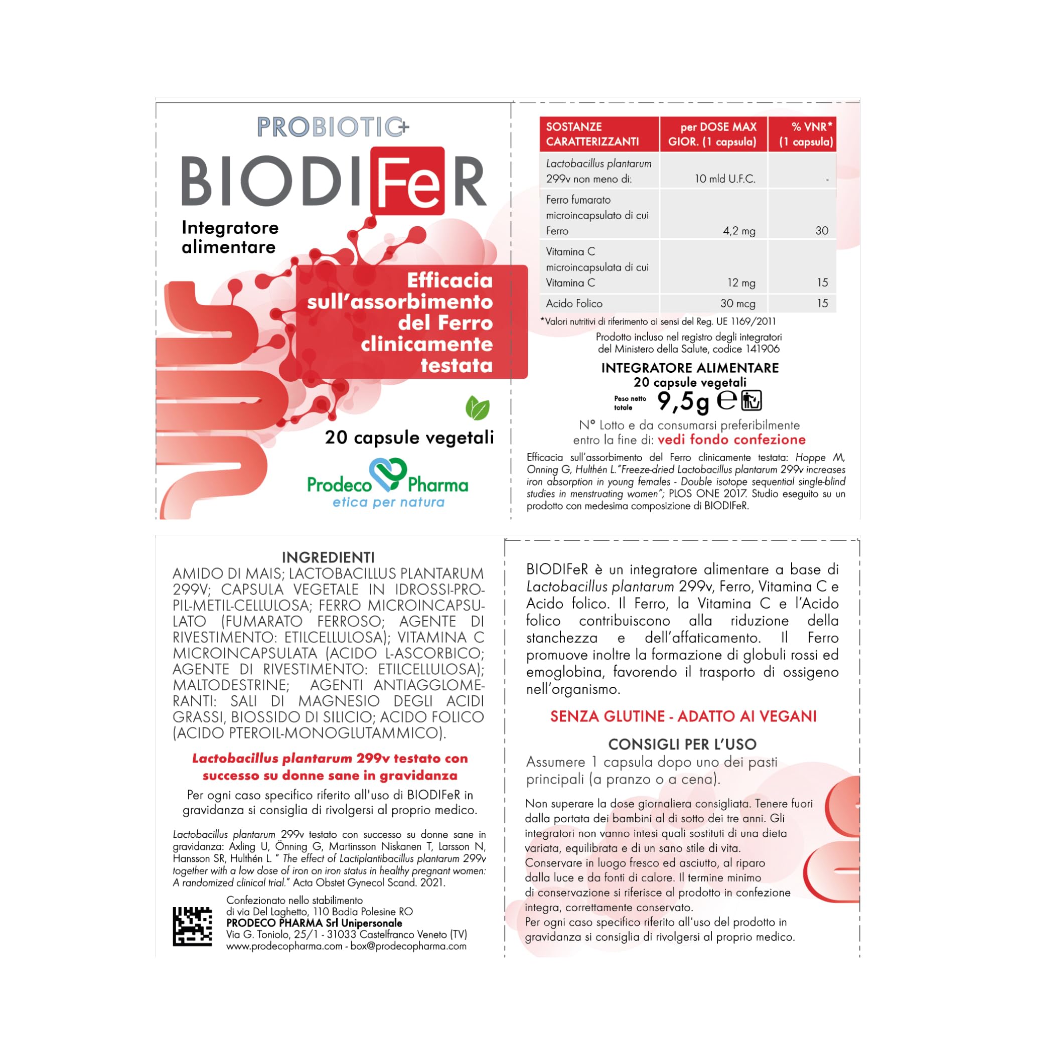 Prodeco Pharma PROBIOTIC+ Biodifer 20 Capsule - Integratore Alimentare Ferro, Vitamina C, Acido Folico e Lactobacillus Plantarum