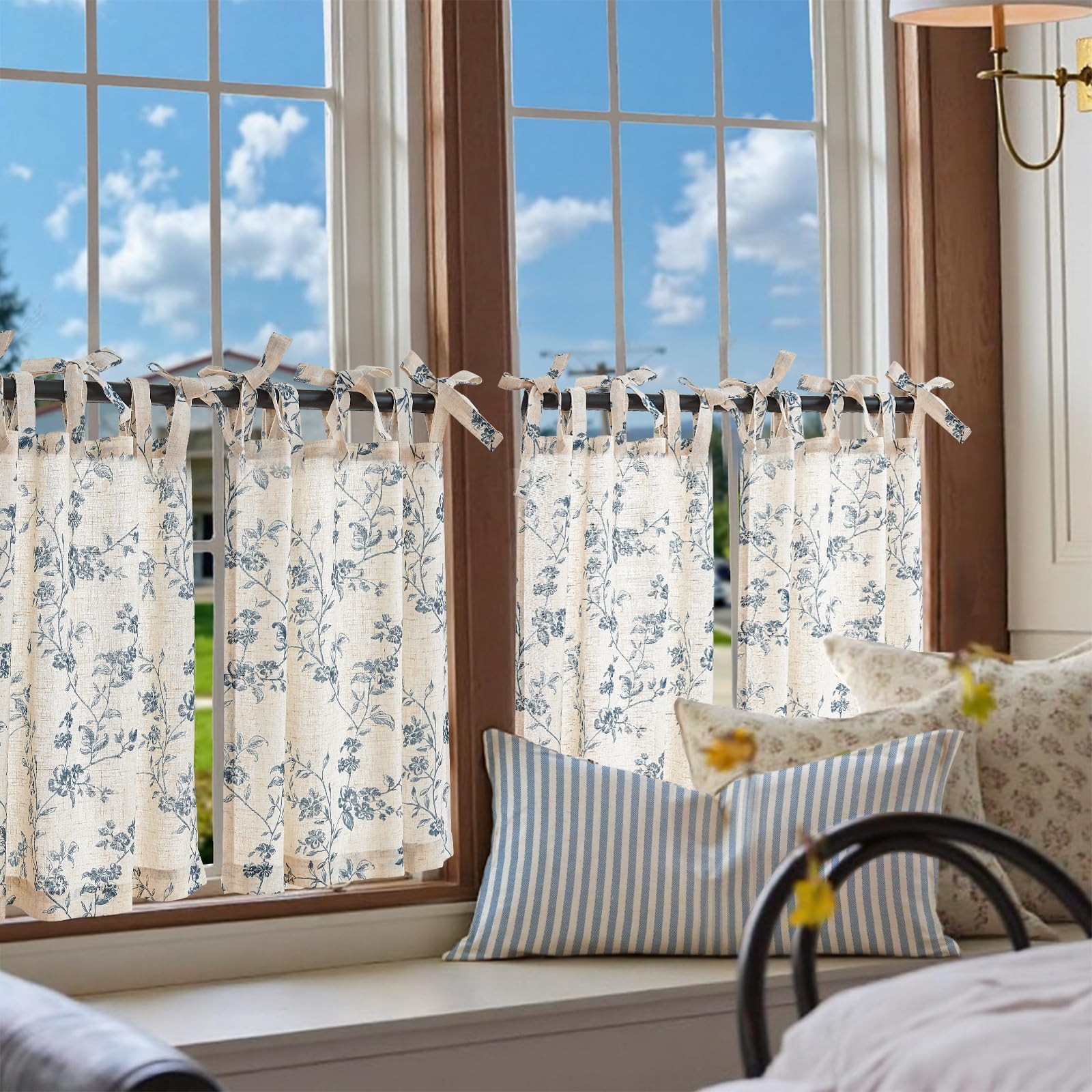jinchan Floral Kitchen Curtains 24 Inch Linen Tier Curtains Farmhouse Cafe Half Window Drapes Over Sink Light Filtering Blue on Beige for Living Room Laundry Tie Top 2 Panels