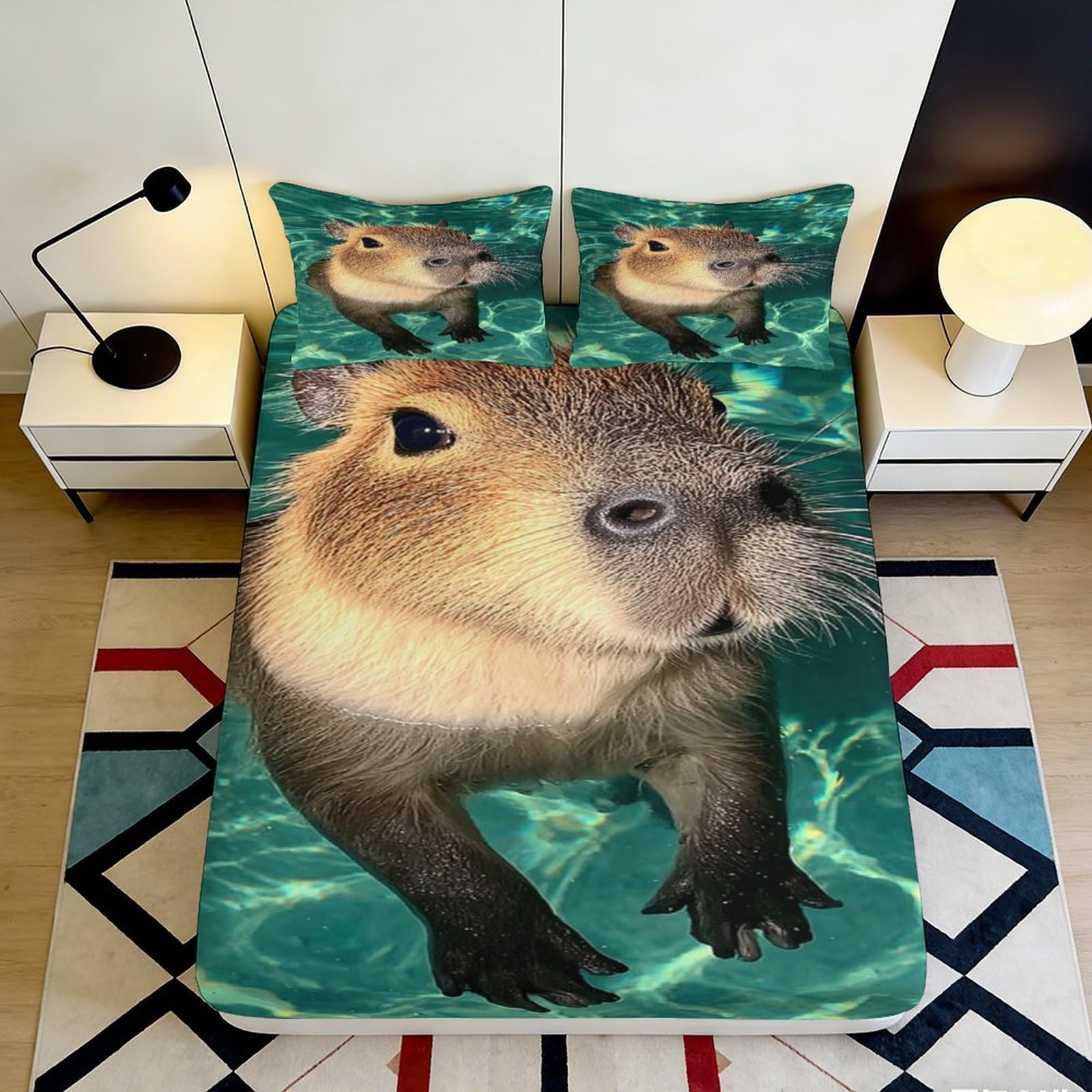 3D Printed Capybara Water Fitted Sheet Microfiber Soft Mattress Cover for Bedroom Guest Room Dorm Bed Decor 90x200x25cm