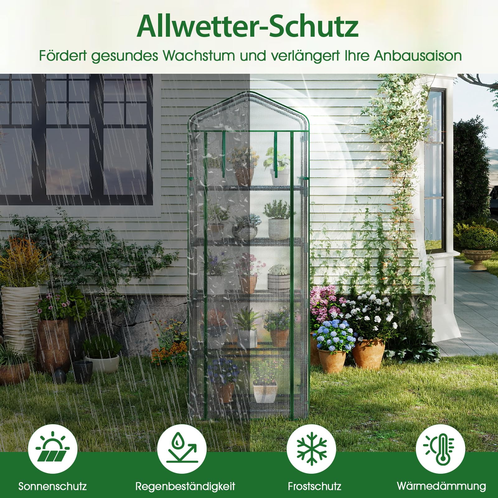 COSTWAY Gewächshaus klein, Mini Tomatengewächshaus mit 5 Regalböden aus Metall, Foliengewächshaus Winterfest für Terrasse, Balkon & Garten, 69 x 48 x 190 cm (Grün)