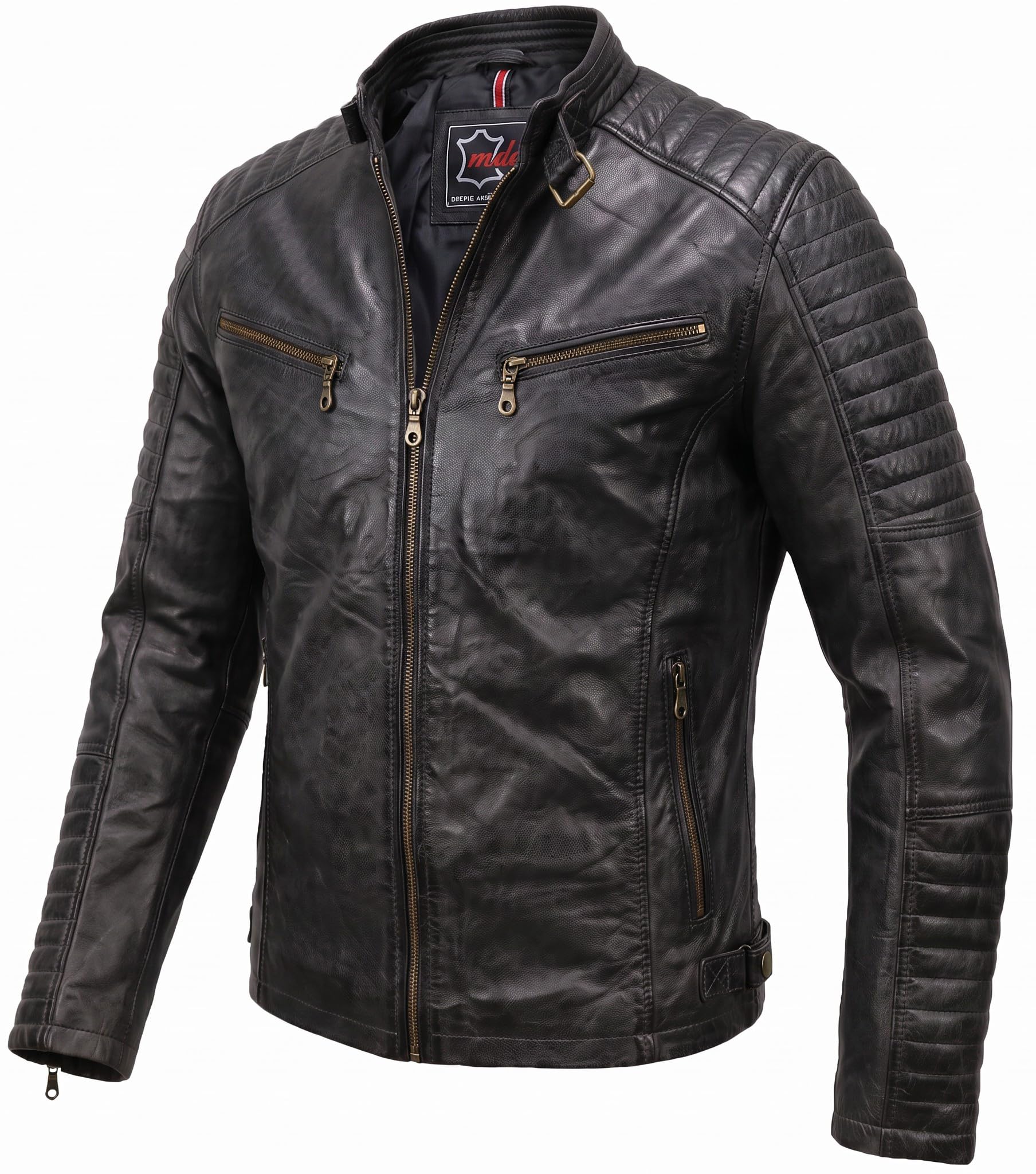 MDM Herren Lederjacke aus echtem Lamm Nappa Leder Slim Fit, Echt Leder Bikerjacke