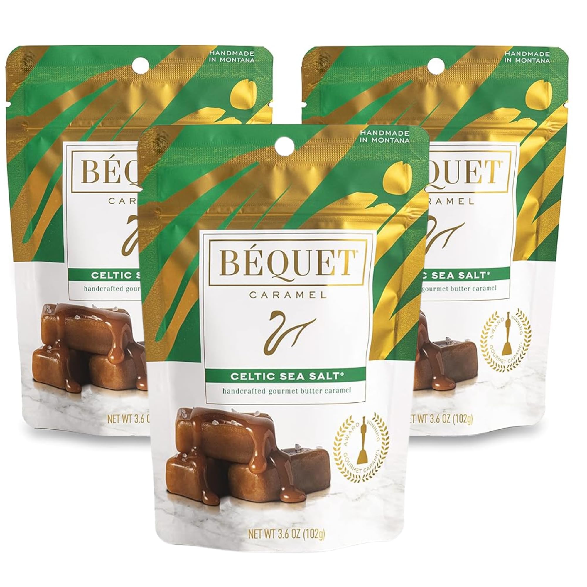 Béquet Caramel - Celtic Sea Salt Caramel - Gourmet Caramel Candy - Salted Caramel Candy Individually Wrapped - Made in Montana - Kosher (Star D) and Gluten Free - Three 3.6 Ounce Pouches