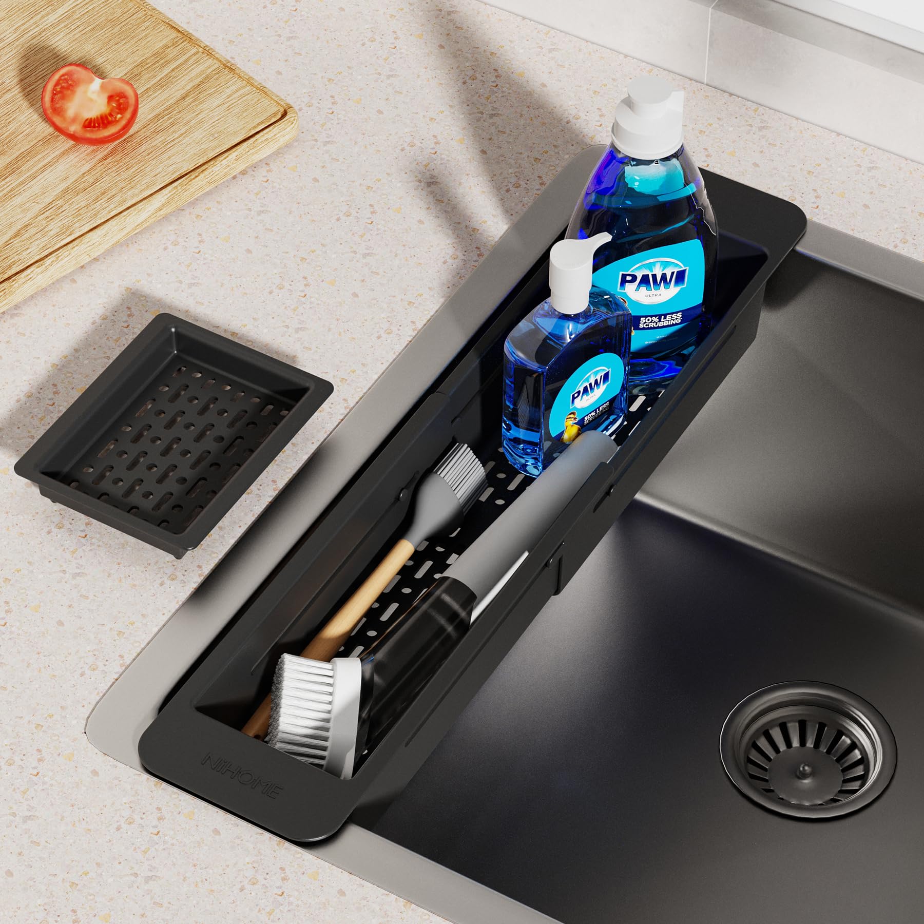 Organizador de cocina extensible sobre el fregadero, pequeño estante telescópico de almacenamiento de cepillos para esponja, almohadillas antideslizantes, organizador de fregadero expandible 9