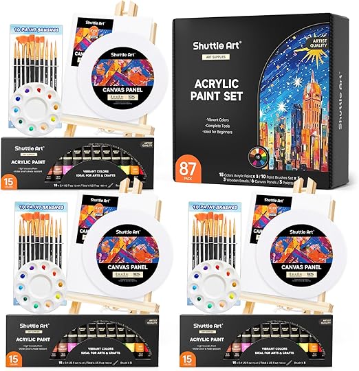 Shuttle Art 87 Pack Acrylic Paint Set, Painting Kit with 3 Pack of 15 Colors Acrylic Paint, 3 Sets of Wooden Easels, Canvas, Brushes & Palettes, Art Painting Supplies Kit for Adults Kids Beginner