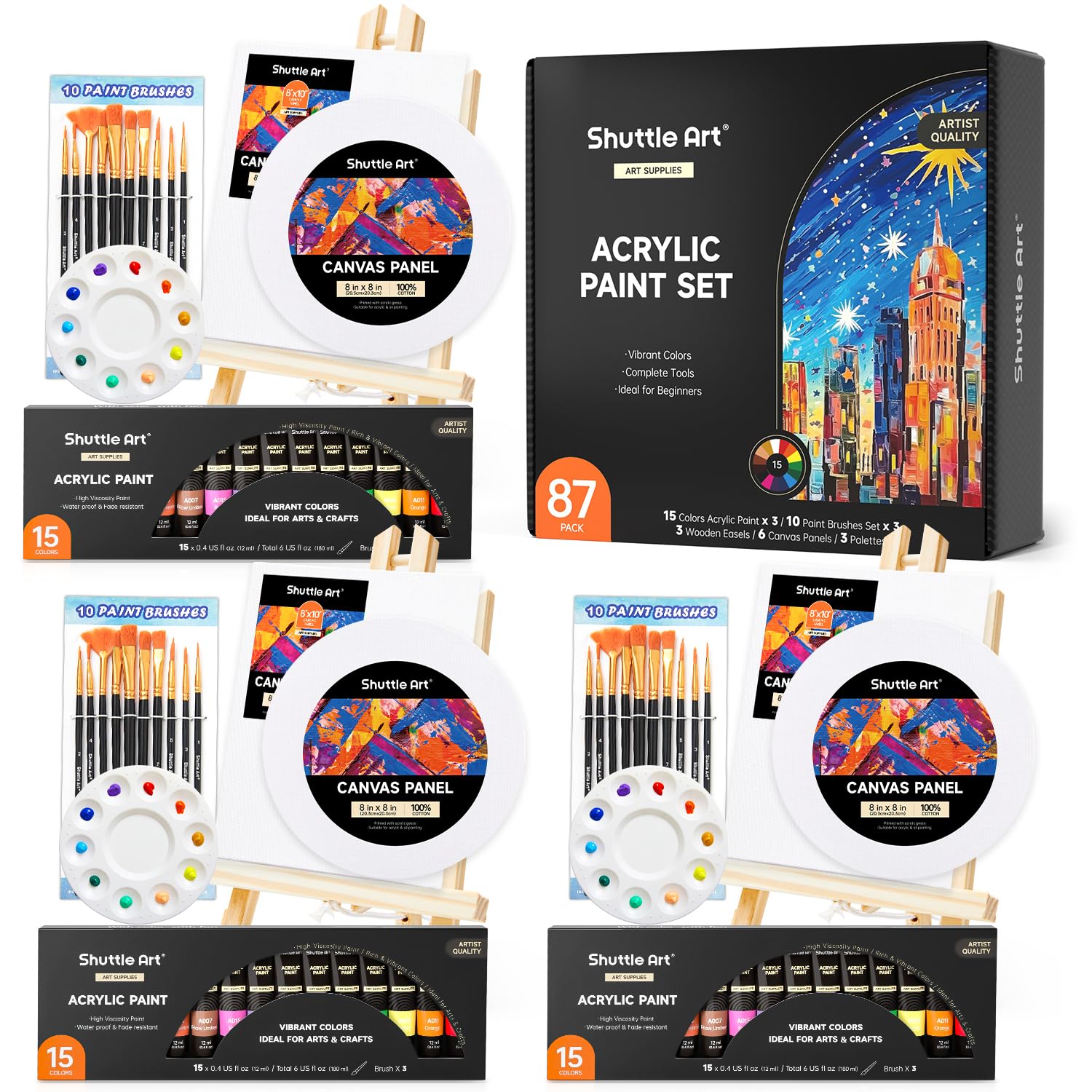 Shuttle Art 87 Pack Acrylic Paints Set, Canvas Painting Set with 3 Pack of 15 Colours Acrylic Paint, 3 Sets of Wooden Easels, Canvas, Brushes & Palettes, Acrylic Paint Sets for Adults Kids Beginner