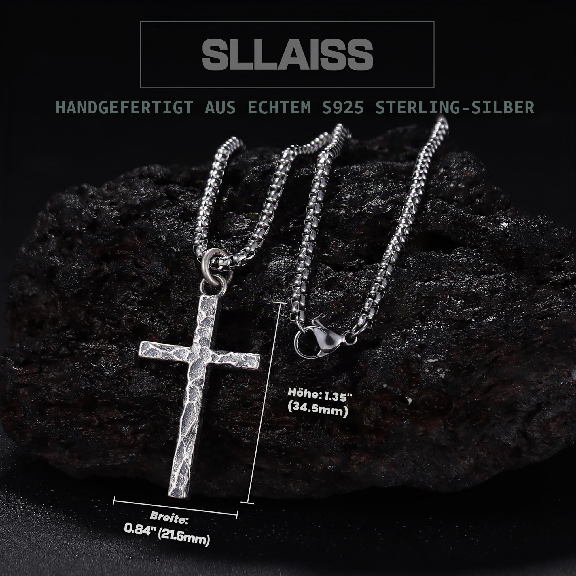 Sllaiss Kreuz Kette Herren Silber 925 Anhänger mit Edelstahlkette, Vintage | Halskette für Männer Jungen Kette mit Kreuzanhänger Silberkette Gehämmert Herrenhalskette Wasserfest 18/20/22/24/26 Zoll