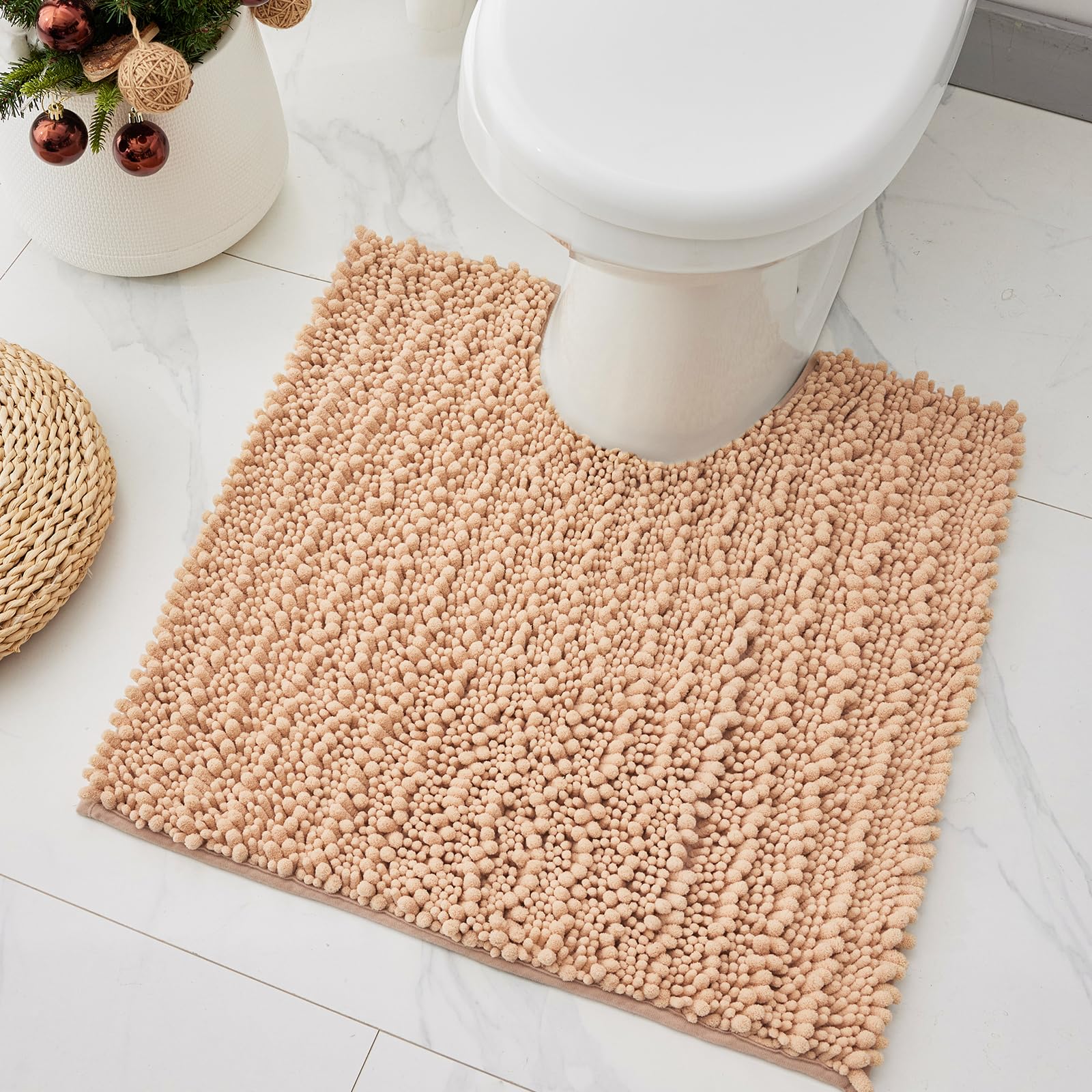 Chenille 24x24 Toilet Rug U‑Shaped Non‑Slip Absorbent, Beige
