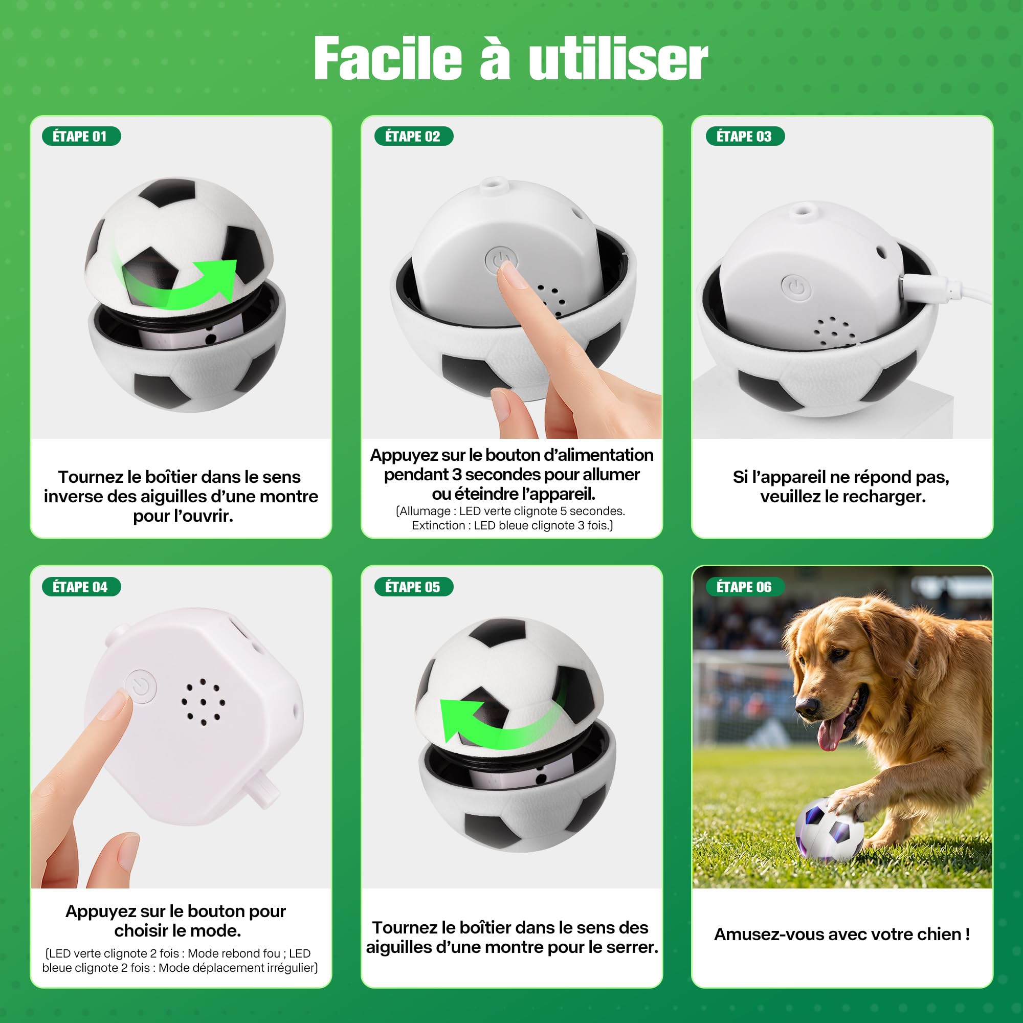 Pet Prime Balle Interactive pour Chien, Balle Football Coupe du Monde Rechargeable USB, 2 Modes détection Tactile, résistante intérieur extérieur