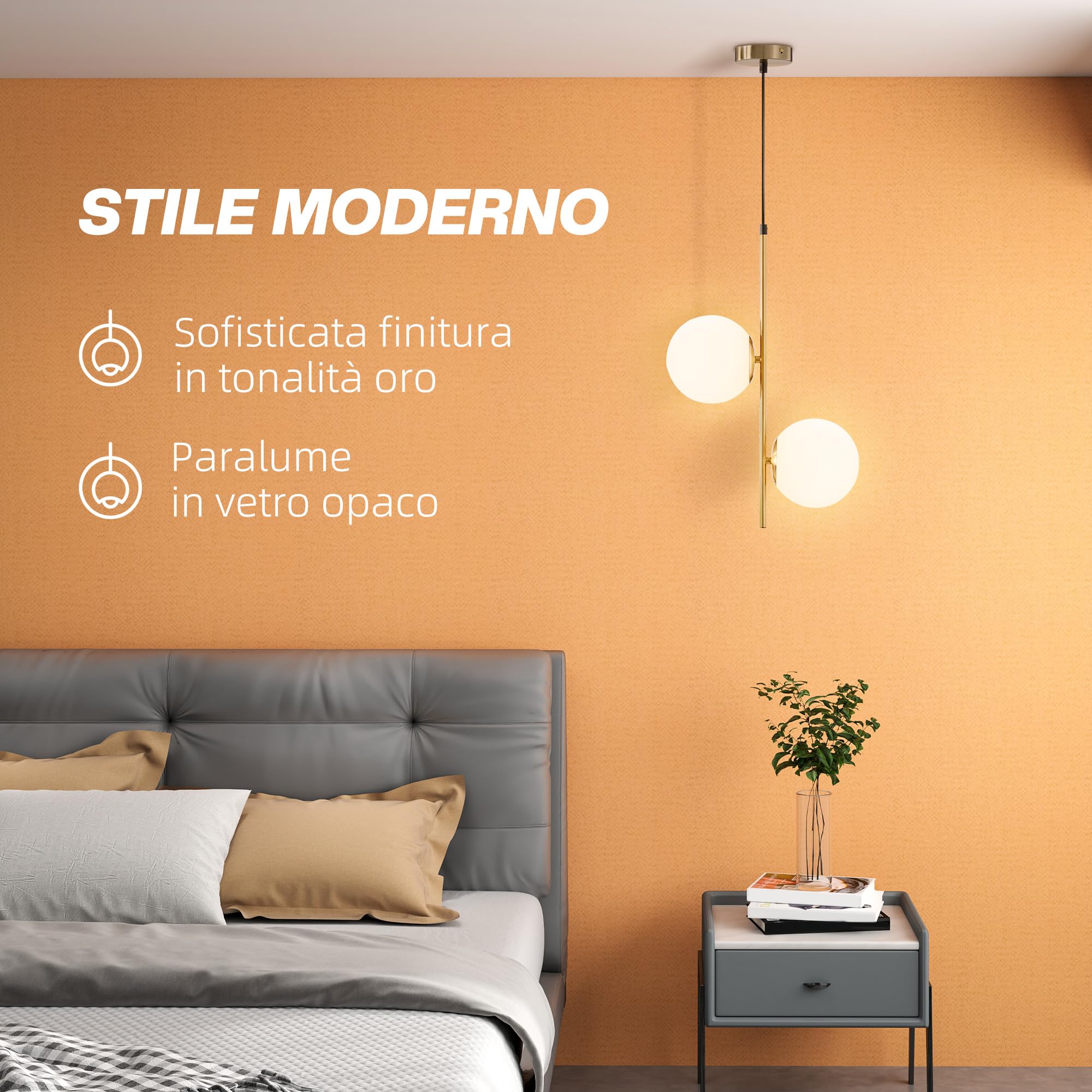 HOMCOM Lampada a Sospensione con 2 Paralumi, 32x15x51 cm, Bianca e Oro | in Vetro, Filo Regolabile, Lampada Moderna in Metallo