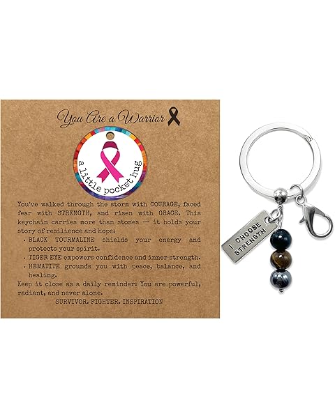 TRANSDECA Pocket Hug Keychain Healing Encouragement Natural Stone Black Tourmaline Tiger Eye Hematite Inspirational Gift All Occasion (Breast Cancer Awareness)