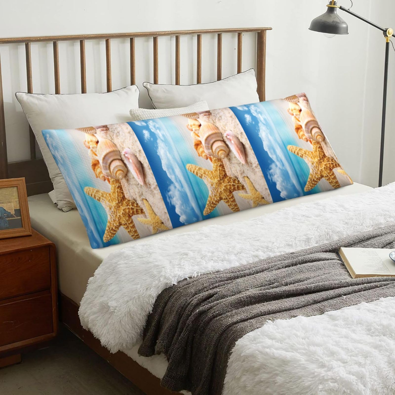 Starfish And Seashells On Beach, Body Pillow Cover with Zipper,Long Body Pillowcase 20 x 60 in