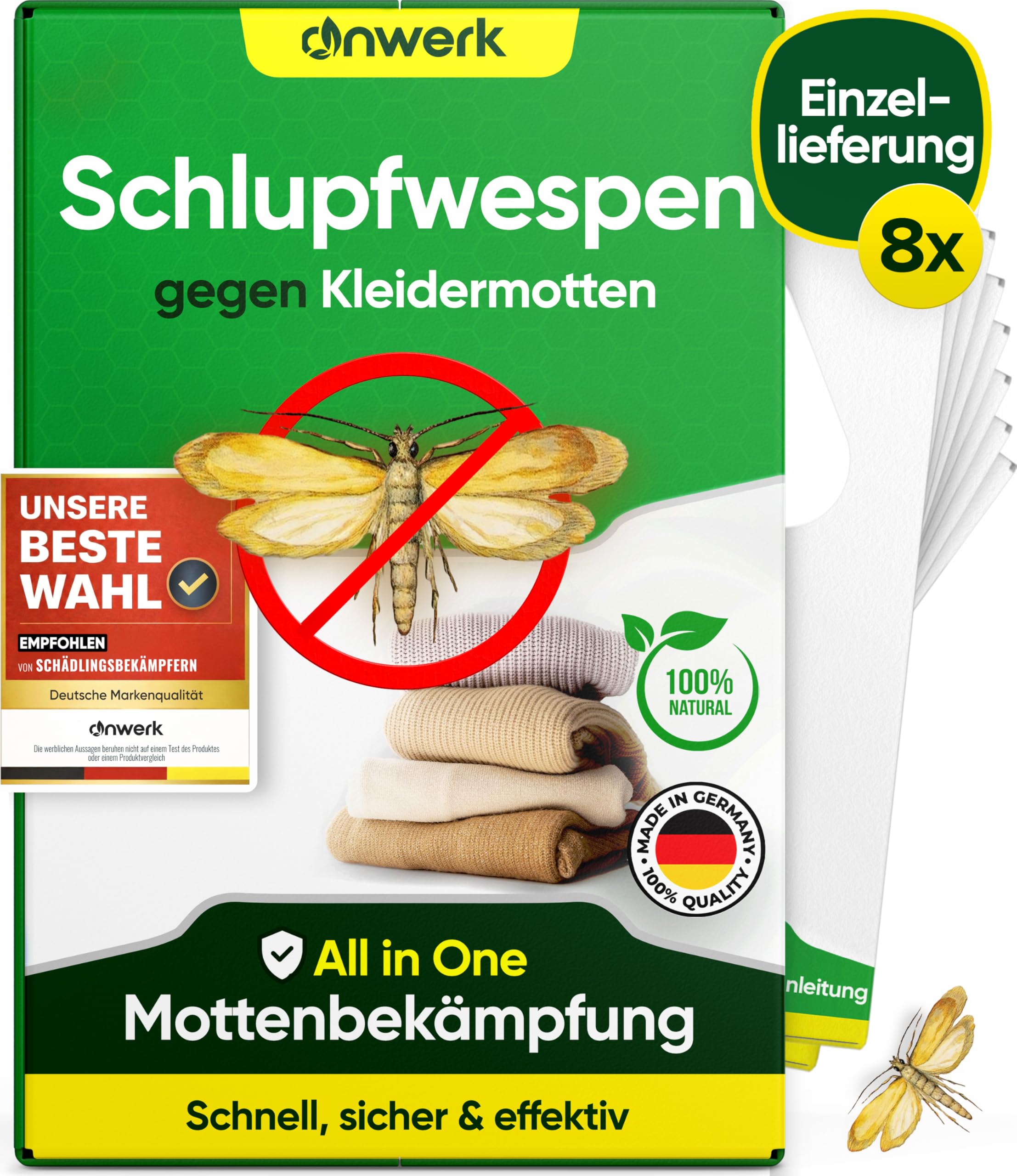 anwerk® Schlupfwespen gegen Kleidermotten - 8 Karten à 1 Lieferungen - Effektiv Kleider Motten bekämpfen - Alternative zur Mottenfalle, Mottenspray, Pheromonfalle