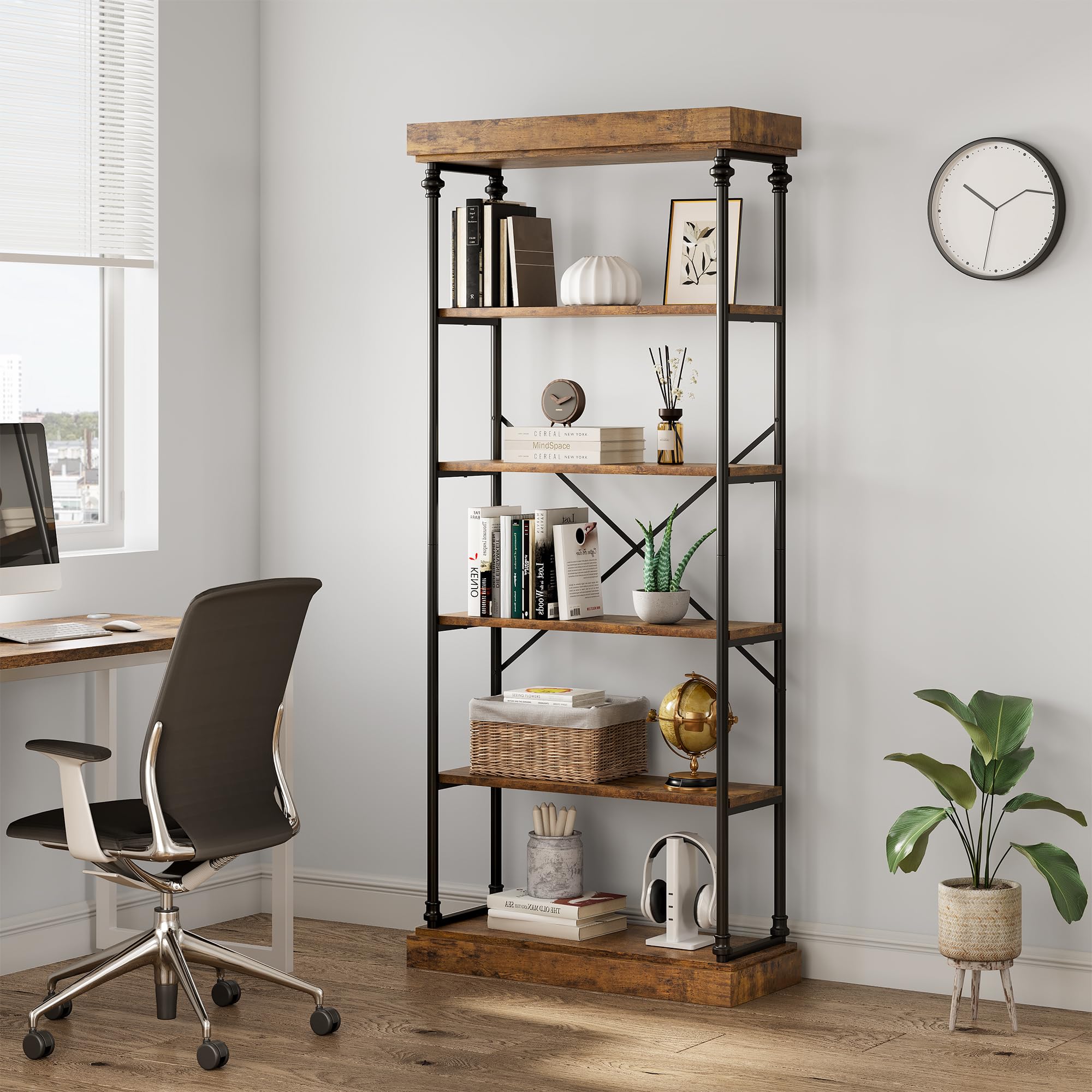 Garvee Estantería de Libros Alta de 5 Niveles – Estilo Industrial Independiente – Estructura de Metal Negro y Madera – Estantes Abiertos para Oficina, Sala de Estar, Dormitorio, Cocina, 190cm, Marrón