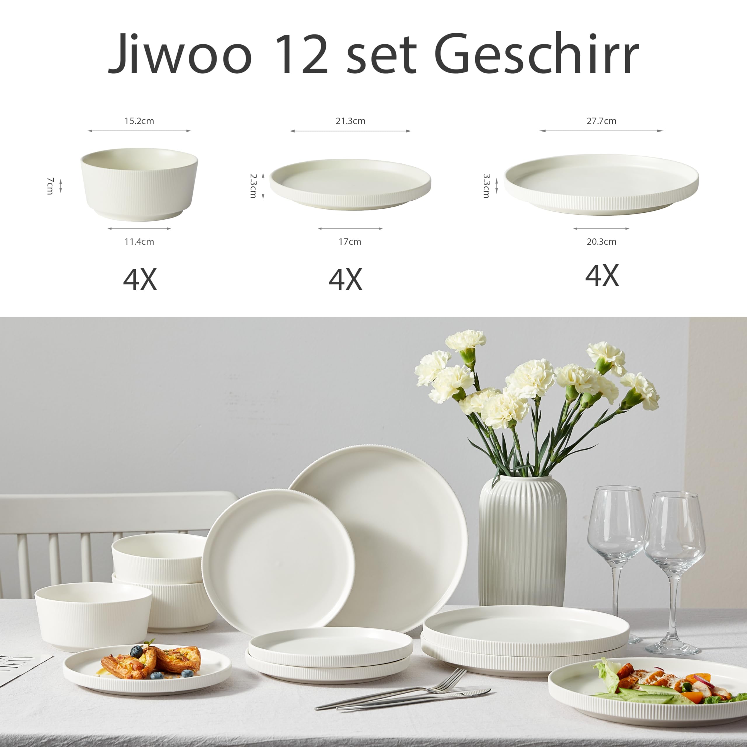 Jiwoo Geschirrset & Tafelservice 12 tlg für 4 Personen Bone China | Modern Bone China – 4 Speiseteller, 4 Dessertteller & 4 Schüsseln, leicht, robust, mikrowellen- & spülmaschinengeeignet