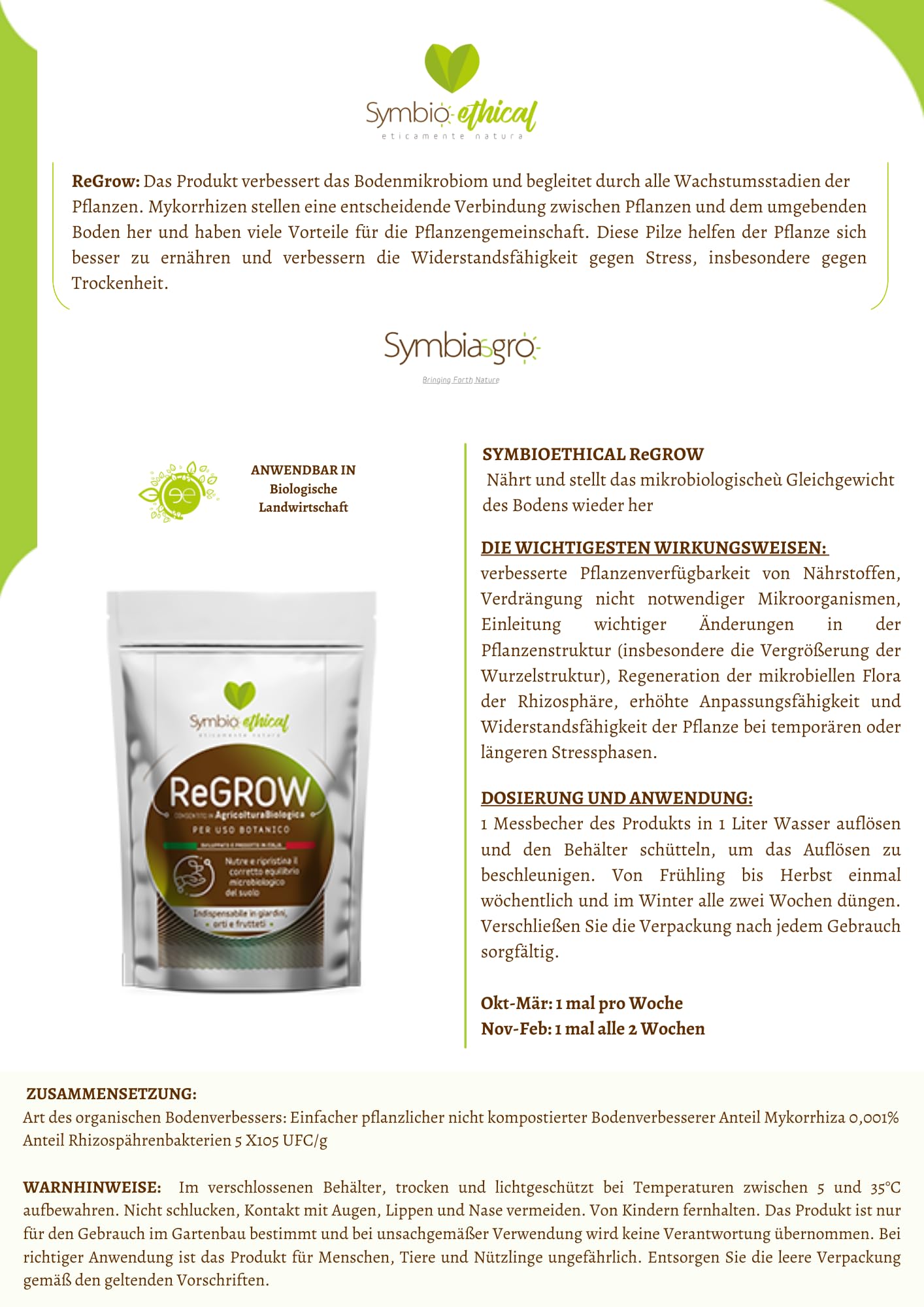 SYMBIOETHICAL - REGROW Biostimulante Enraizante para Plantas y Huertos, con Micorrizas y Microrganismos PGPR, para Agricultura Ecológica, Made in Italy, 500 gr