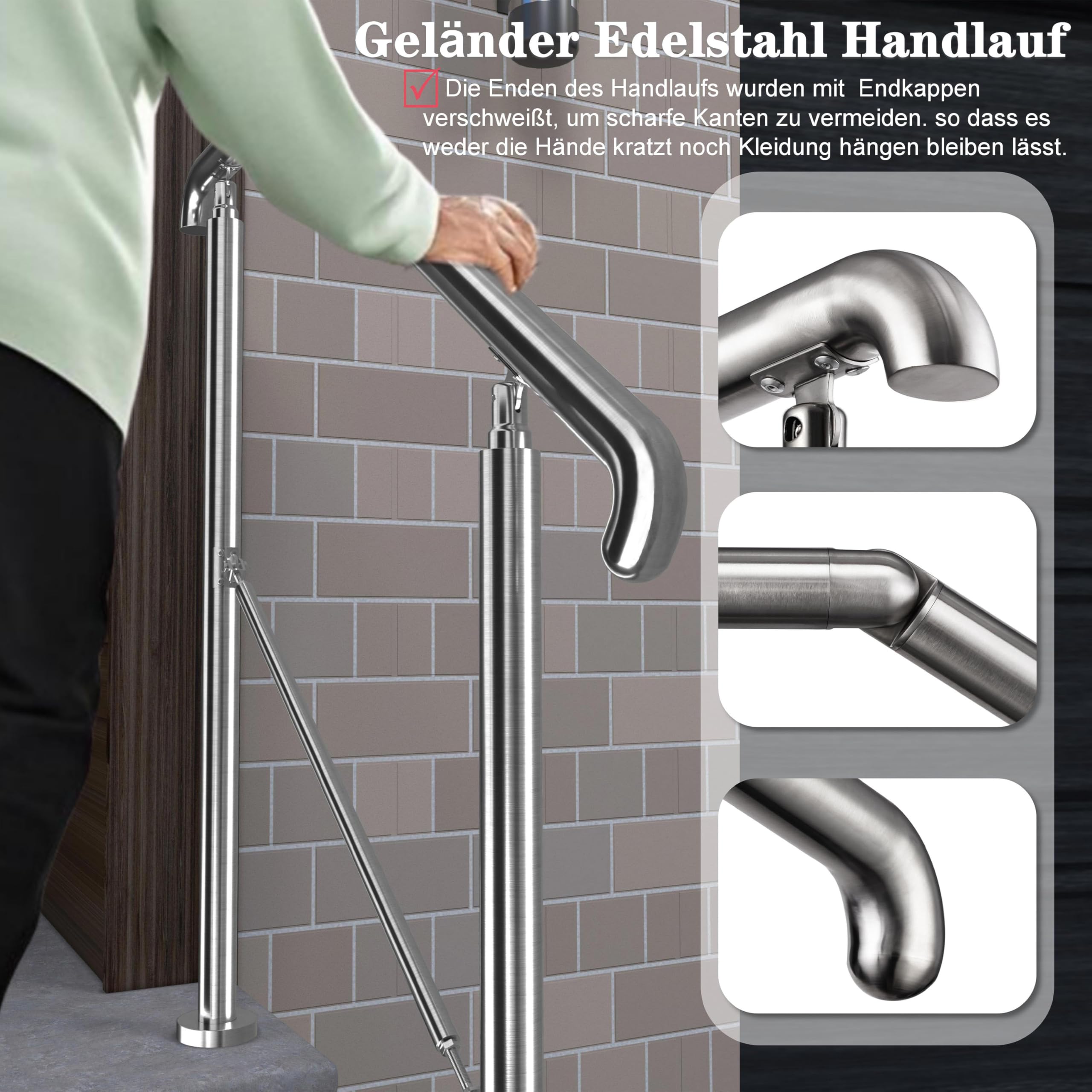 AICA Edelstahl-Treppengeländer für 4–5 Stufen (162 cm, silber), Winkelverstellbares Geländer, Eingangsgeländer für Hauseingänge sowie Innen- und Außenbereiche