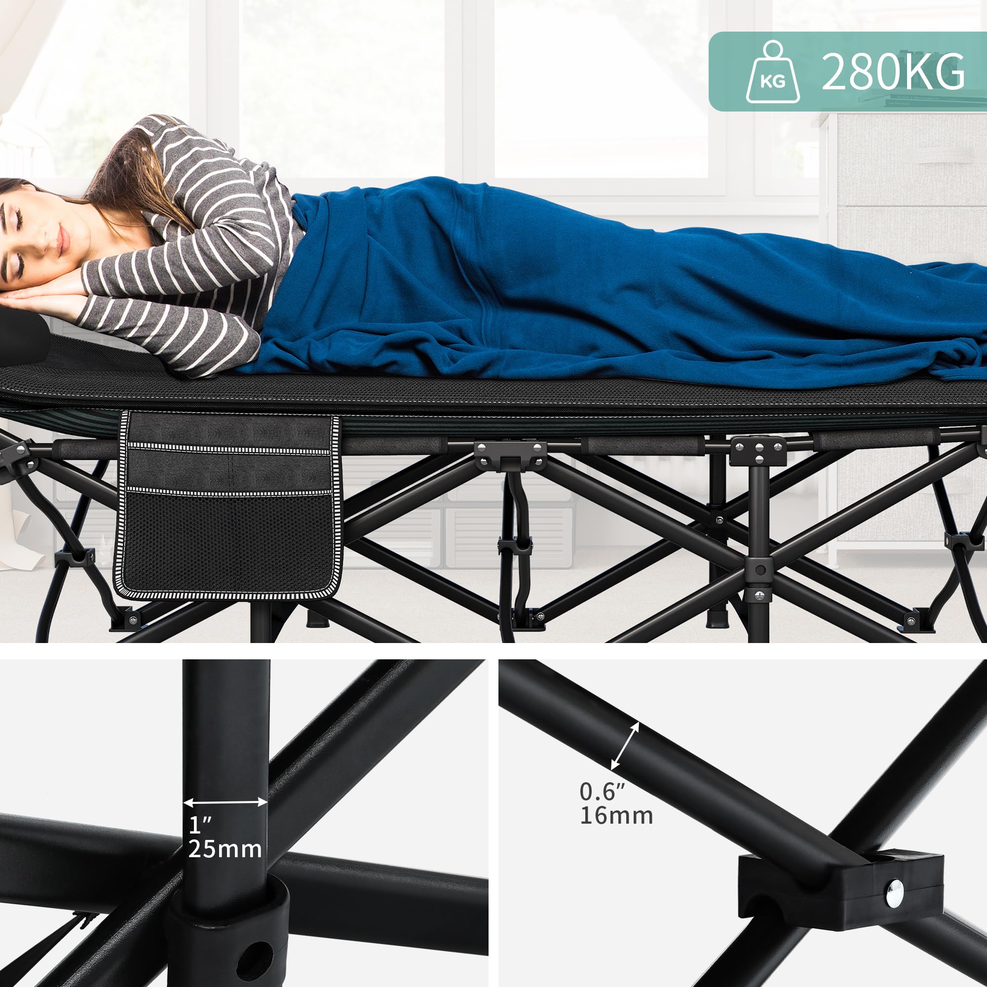 YITAHOME Brandina da Campeggio Pieghevole con Materasso Traspirante, Lettino da Campeggio Robusti e Resistenti, Letto da Campeggio Comodo con capacità di 250 kg per Viaggi/Ufficio/All'Aperto, Nero