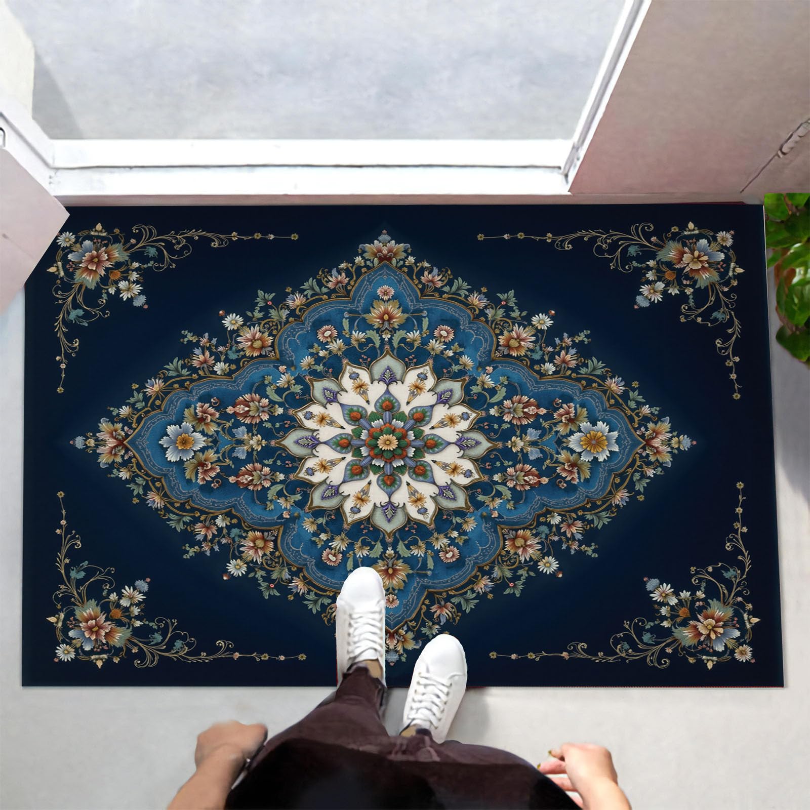 Tapis Bleu foncé Style de tapis persan Motif floral géométrique Élégantes Paillasson Exterieur Entree Paillasson Interieur Antidérapant Lavable Tapi Entree Interieur pour Cuisine Couloir 80 x 120 cm