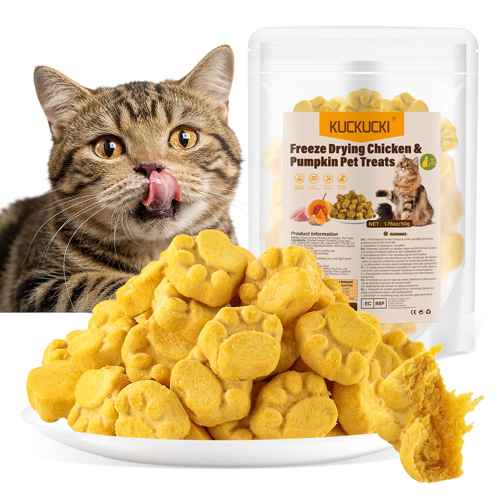 50g Freeze Dried Cat Treats, Pumpkin and Chicken Flavor Chicken Cat Treats, Cats Snacks Rich in Fiber