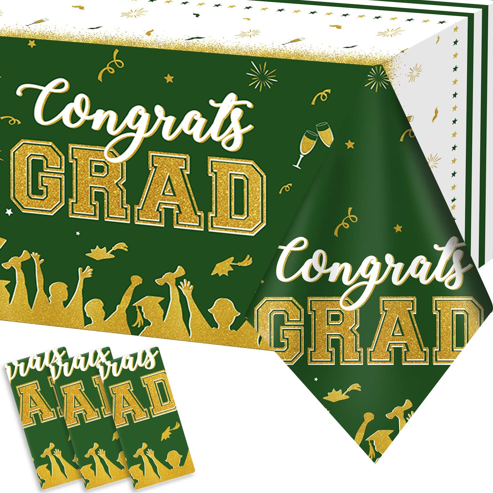 chiazllta Set of 3 Graduation Tablecloths Class of 2025 Congrats Grad Green Graduation Party Tablecover Decorations Party Supplies Large Size Plastic 54"x108"(Green & Gold)