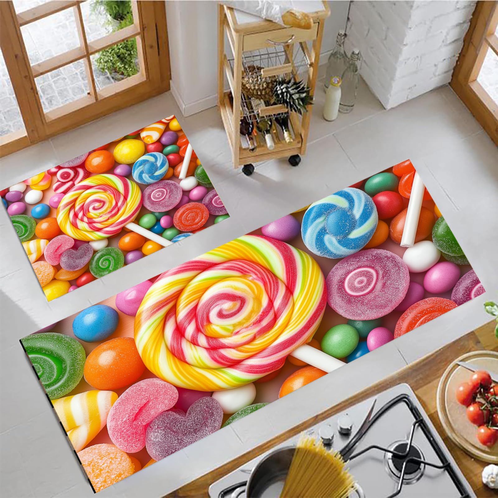 Alfombra de Cocina piruleta de Caramelo 2 Piezas, Alfombrillas de Cocina Lavables para Suelo, Suaves Alfombrillas de Cocinas Antideslizantes para Lavadero