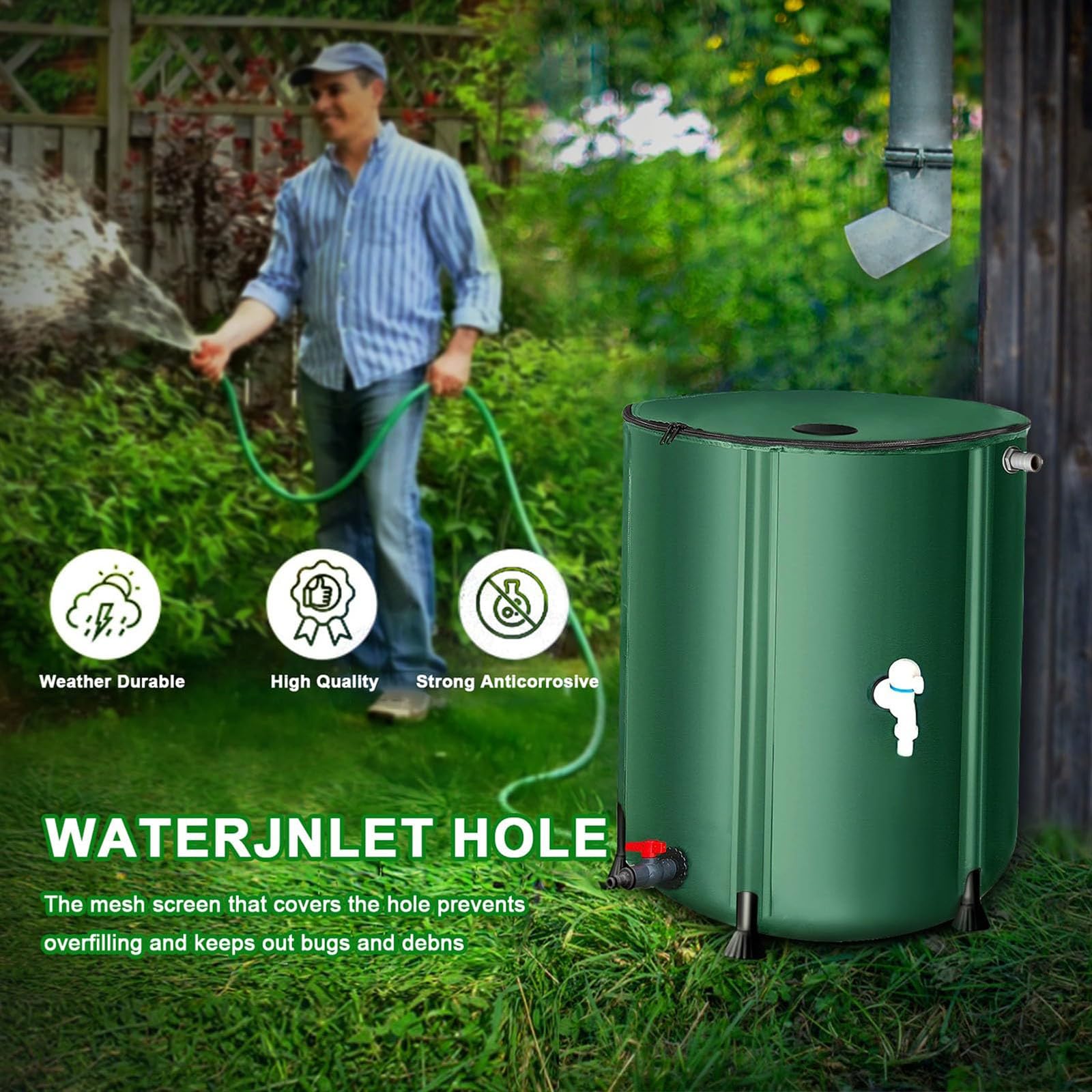 Barriles Plegables De 1000 L para Jardín, Sistema Portátil De Recolección De Agua De Lluvia con Grifo Y Tapa con Cremallera. Tanque De Almacenamiento De PVC para Riego De Jardín, Uso Exterior 1000L