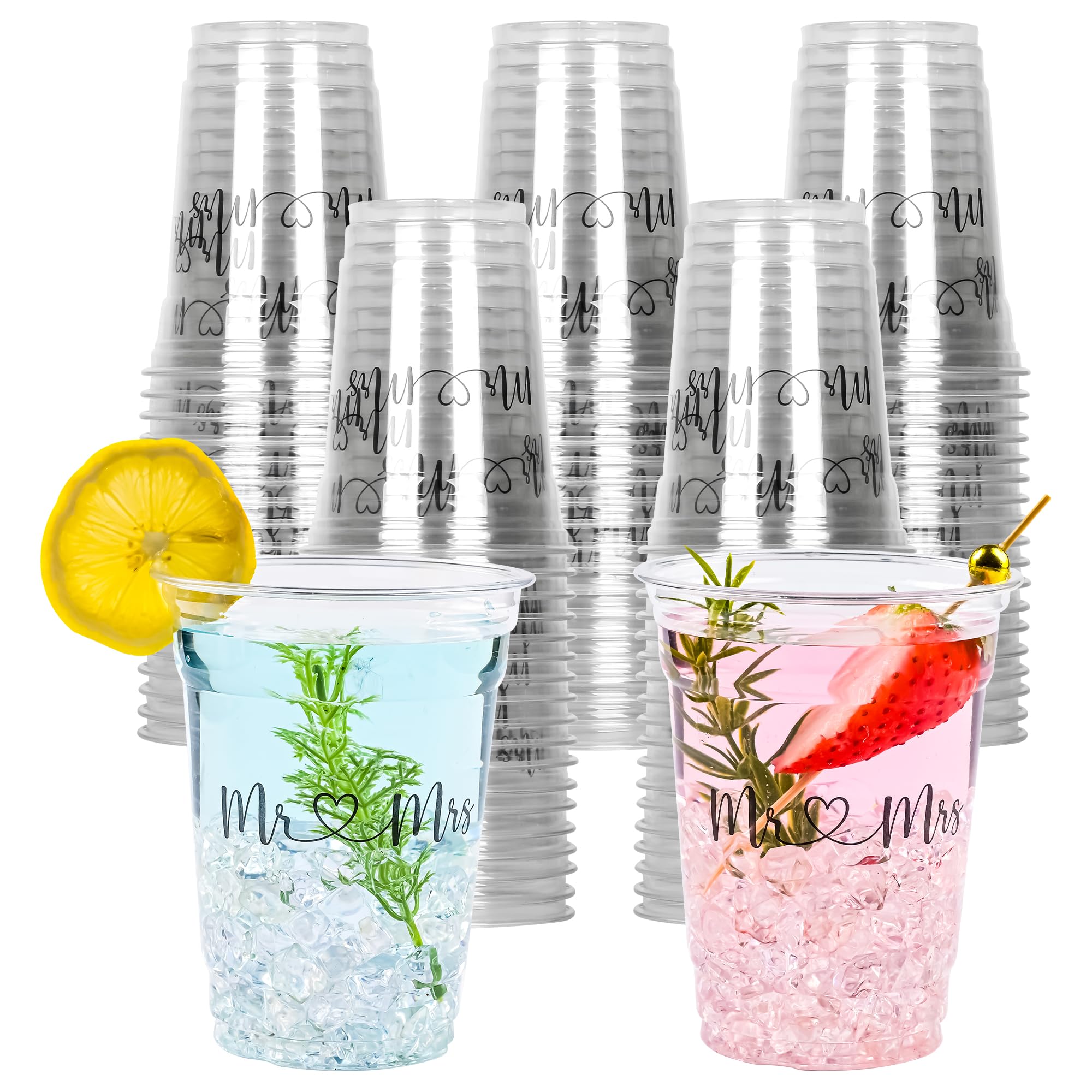 AimFun 50Pcs Mr and Mrs Plastic Cups Wedding Bridal Shower Disposable Party Cups Wedding Reception 12oz Clear Drinking Cup for Anniversary Birthday