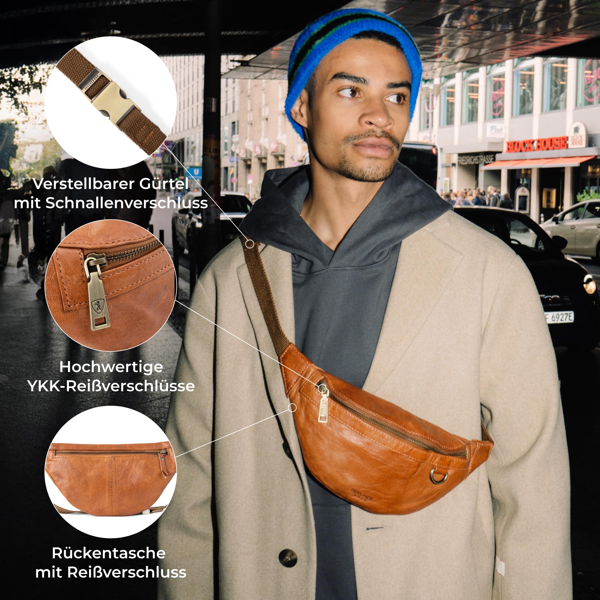 Berliner Bags Vintage Bauchtasche Turin, Gürteltasche aus Leder, mit verstellbarem Gurt und YKK Reißverschlüsse, Wasserabweisend für Herren - Braun