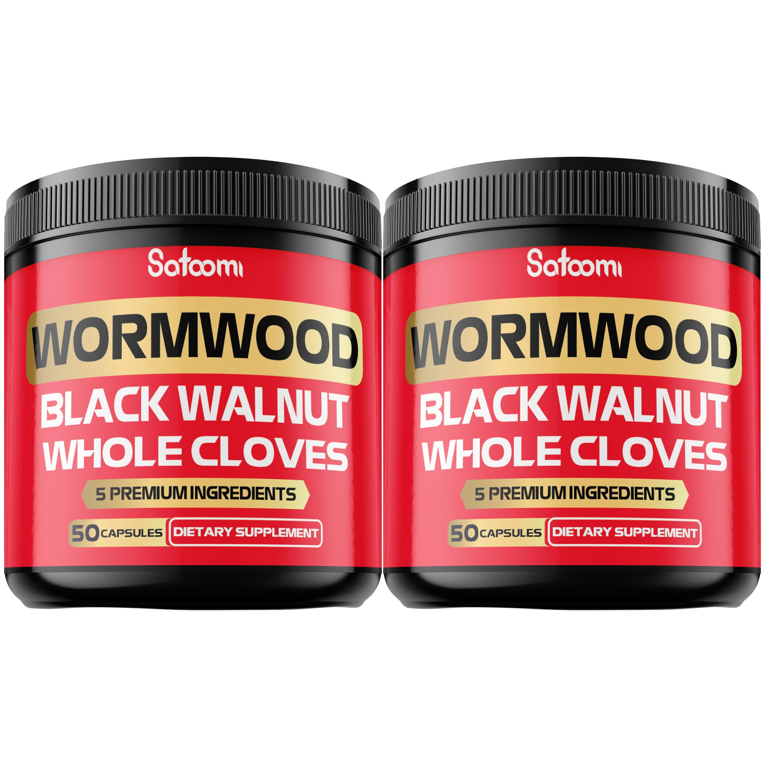 Satoomi [2 Packs - 50 Capsules - 5 in 1 Wormwood Capsules Supplement - Extracted from Black Walnut Whole Cloves Turmeric and Berberine HCl Immune System & Digestion Health 50 Count (Pack of 2)