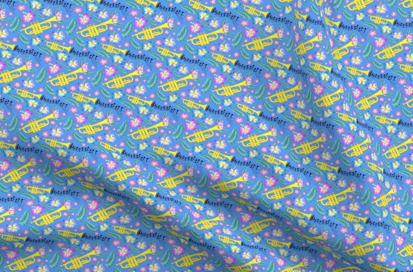 Spoonflower Fabric - Blue Trumpet Musical Instrument Classical Music Notes Hawaiian Print Printed on Minky Fabric by The Yard - Sewing Baby Blankets Quilt Backing Plush