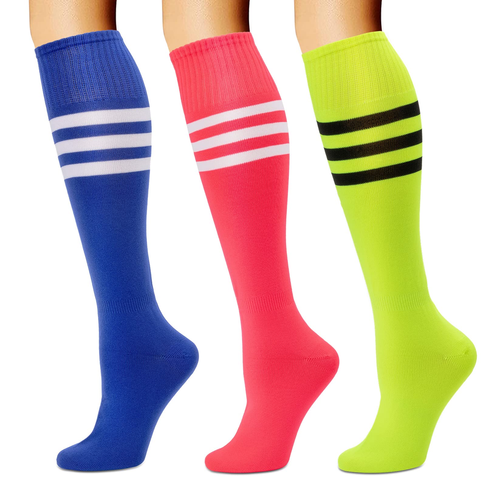 DRESHOW 3 Pares de Calcetines Coloridos Hasta la Rodilla, Calcetines Casuales de Fútbol a Rayas Calcetines Altos Hasta la Rodilla de Bruja Para Hombres y Mujeres