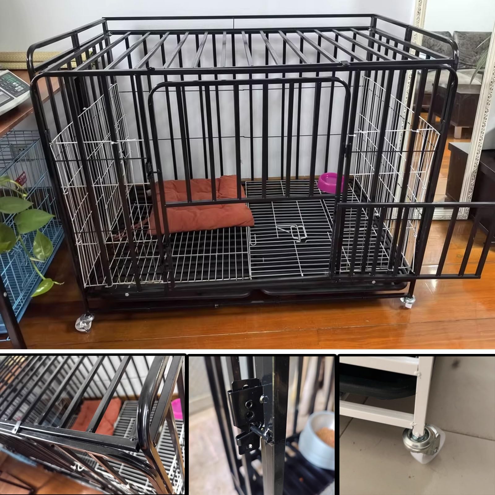 Trasportino Gabbia for Cani Da Interno Con Ruote Bloccabili E Serrature Stabili Realizzata in Metallo Design Pieghevole Cuccia Extra Large Scomparto Superiore(Black,110 * 72 * 91cm)