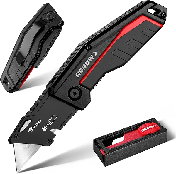 ARROW Folding Utility Knife, Quick-Change Box Cutter with Belt Clip, Liner Lock, Heavy Duty Aluminum Razor Knife with Comfortable Handle, 10 Extra SK2 Blades Included
