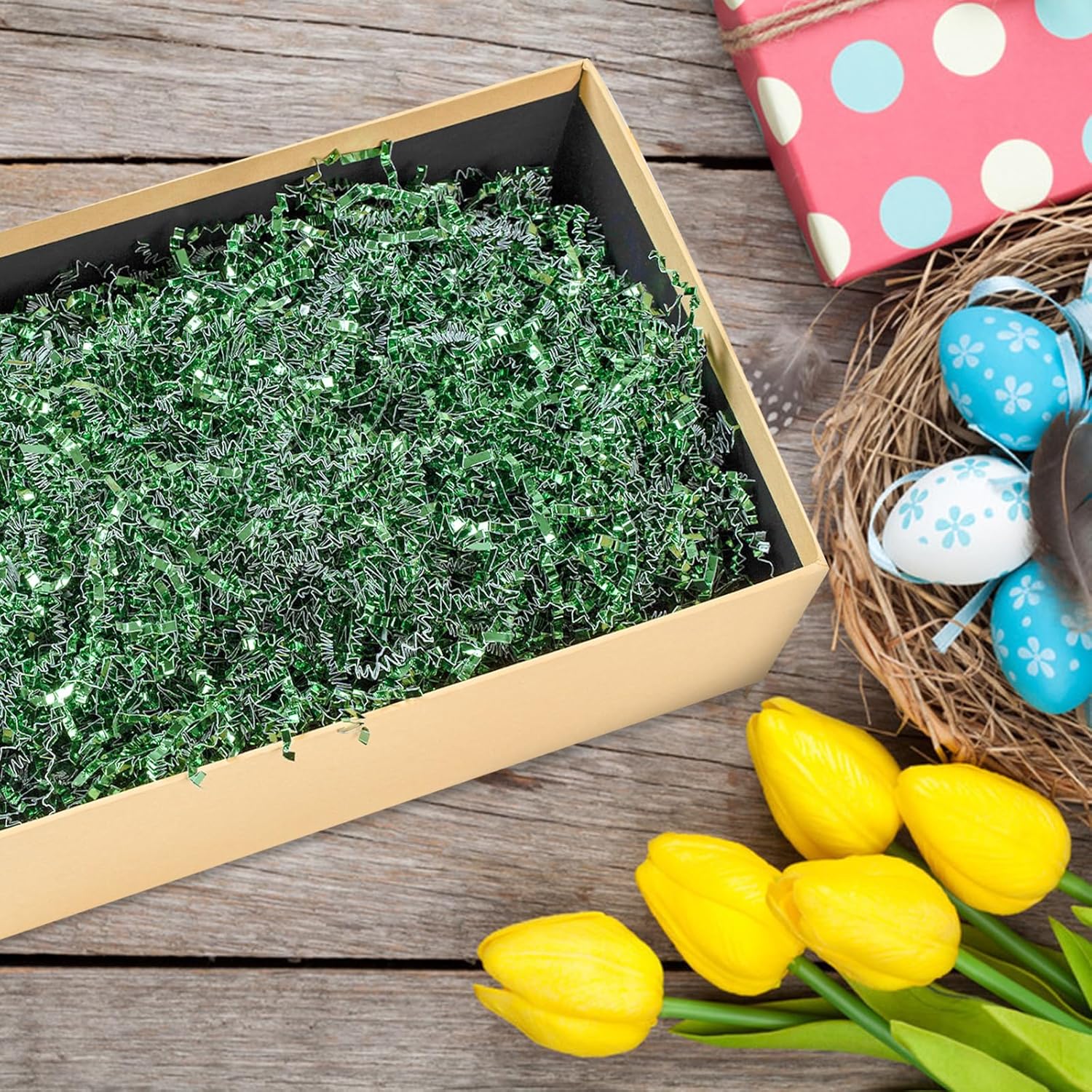 16oz Easter Grass Crinkle Cut Paper Shred, Metallic Green Raffia Paper Shred Filler Glitter Shredded Paper Grass for Gift Wrapping Craft DIY Gift Bag Box Filling Party Supply - Image 7