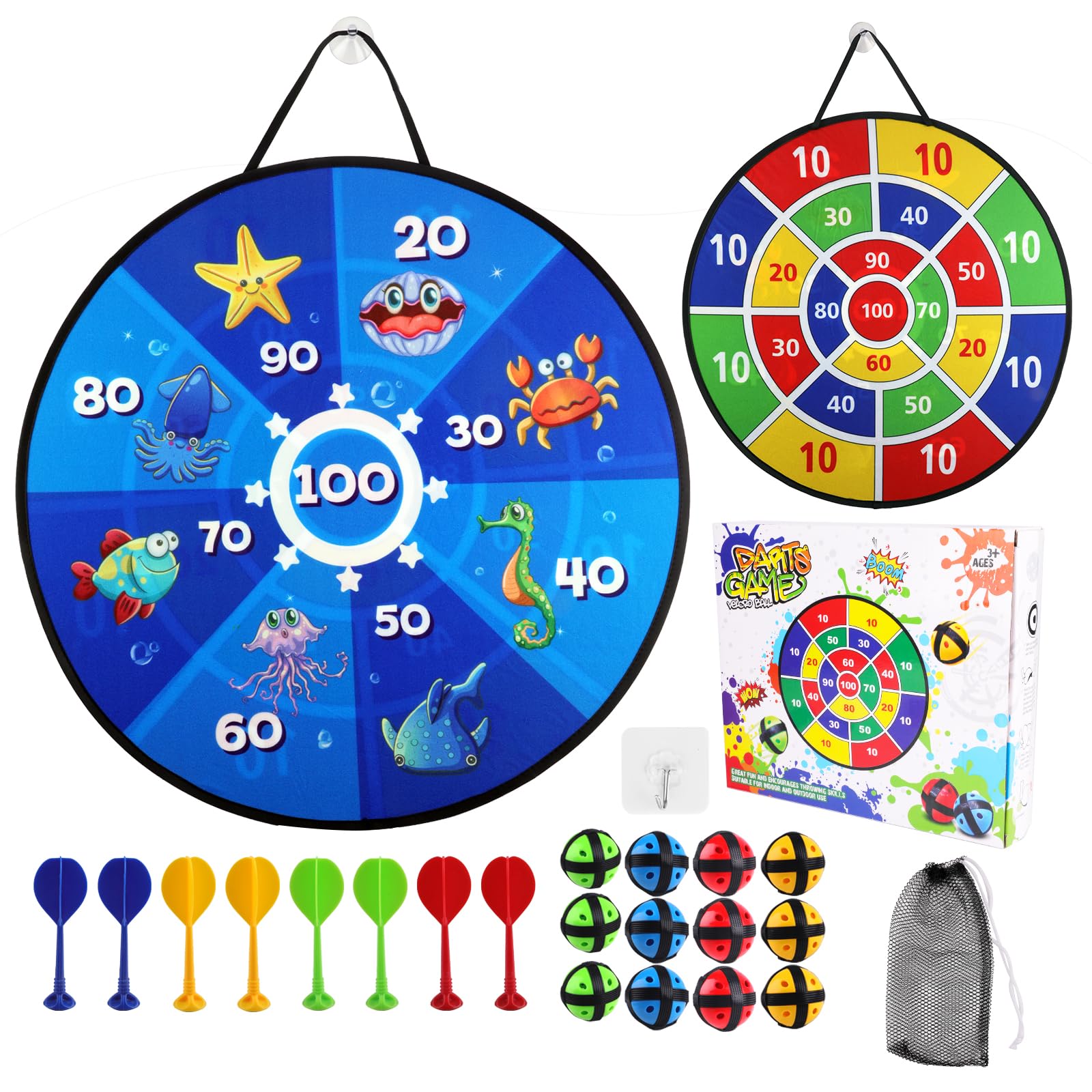 Kinder Dartscheibe Spielzeug, Dartscheibe für Kinder 26 Zoll/66cm, 12 Klebrigen Bällen, 8 Schaumpfeile, 1 Tasche und 1 Haken, für Outdoor-Partyspiele, Geschenke (Blue)