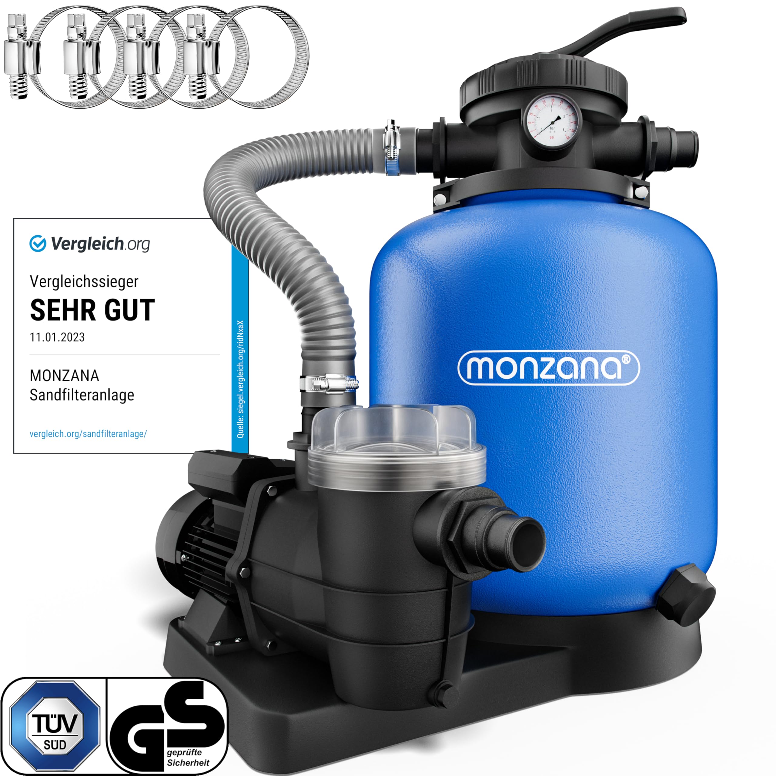 MONZANA® Depuradora Piscina 13.200L/h Filtro de Arena hasta 58.000L con Pre Filtro Válvula 7 Funciones Filtrado 600W Adaptador Ø32-38mm Bomba Indicador de Presión
