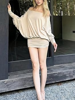 Best Rose Loose Fit Sheer Dress Batwing Off The Shoulder Long