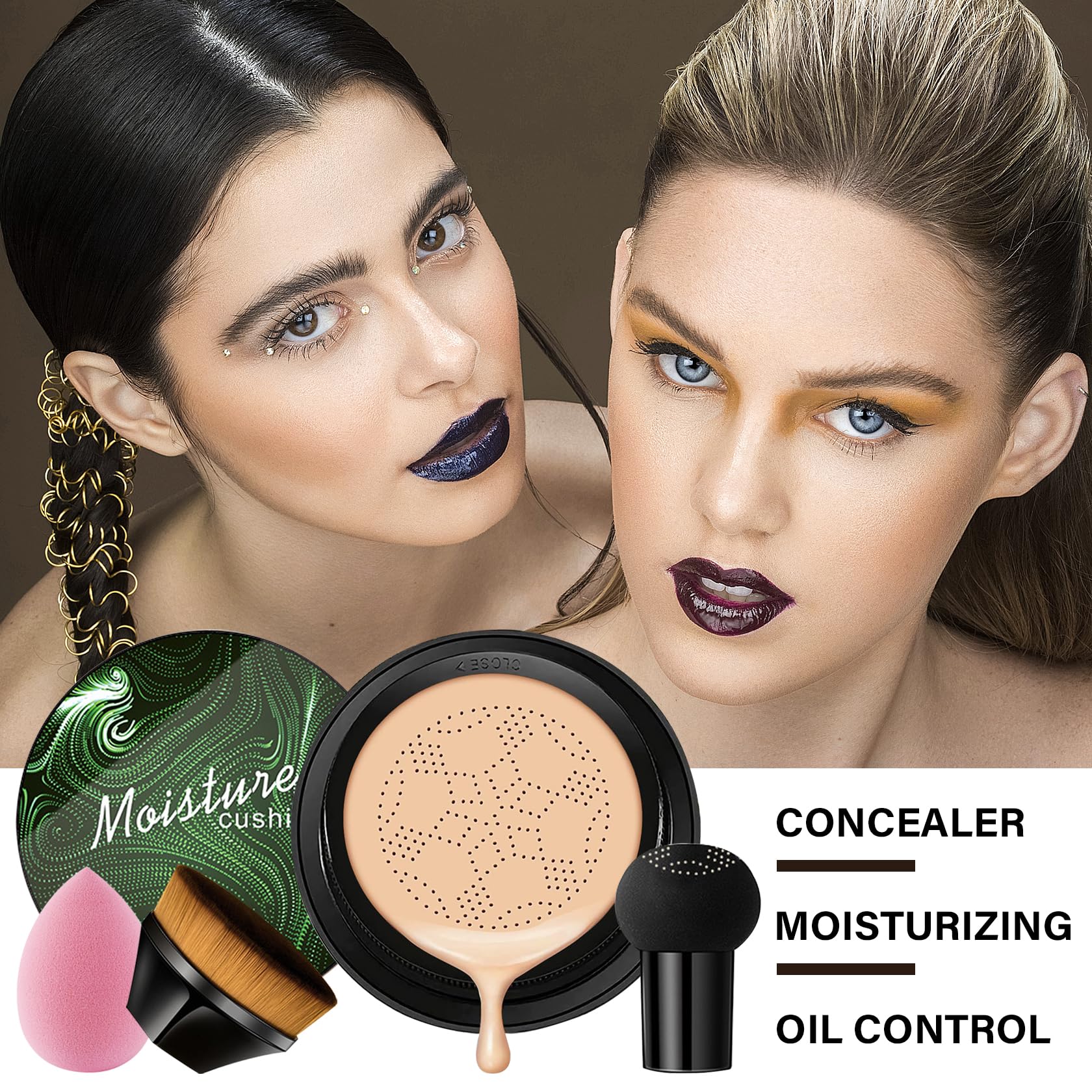2 unidades de crema CC con cojín de aire de cabeza de hongo, crema hidratante duradera para control de aceite para todo tipo de piel, corrector de cobertura completa, base líquida, juego de maquillaje 2
